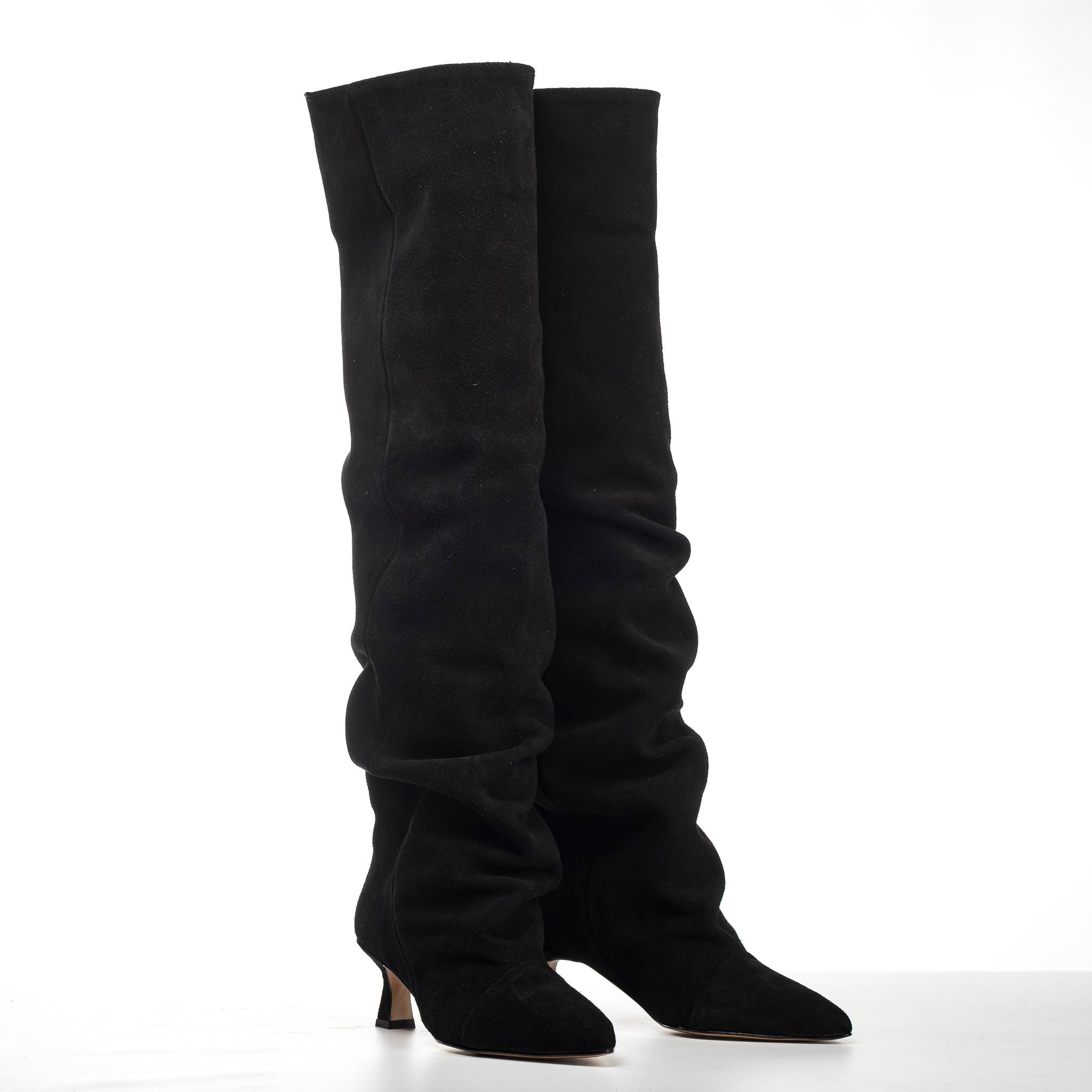 JENNIFER - Knee-high tubular boot in real black suede with draped effect