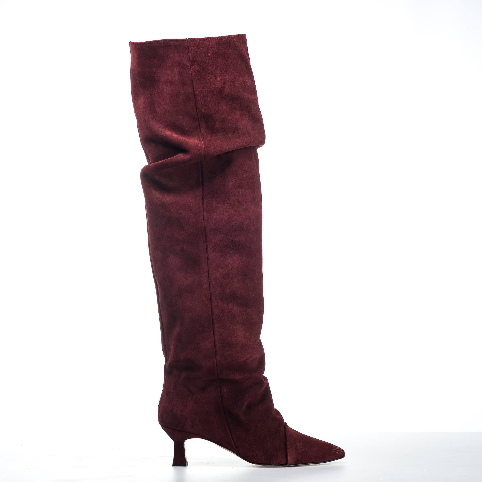 JENNIFER - High knee tubular boot in Burgundy real suede with draped effect