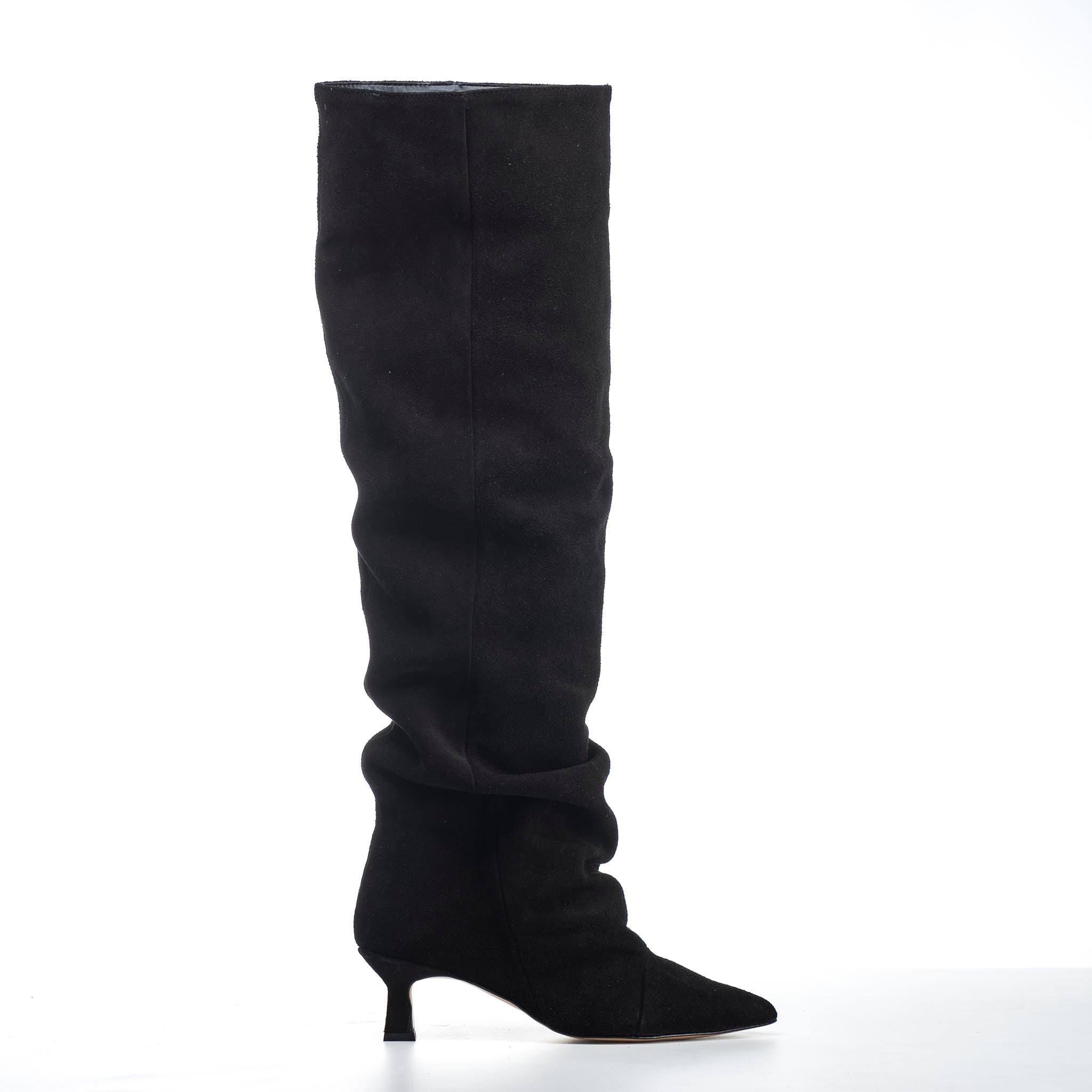 JENNIFER - Knee-high tubular boot in real black suede with draped effect