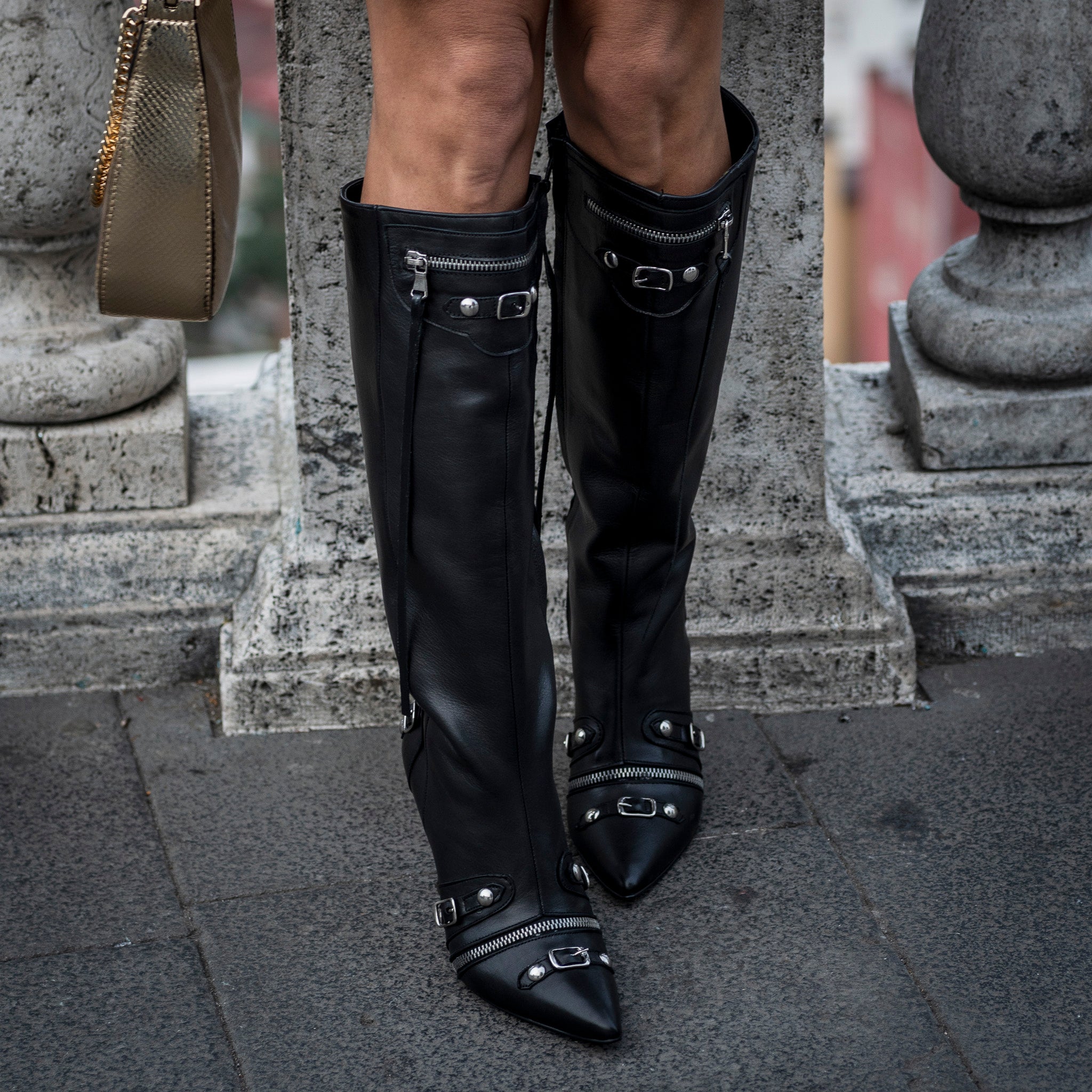 ACAPULCO_ROCK_TOP - Black Genuine Leather Zip Up Boot with 10cm Heel