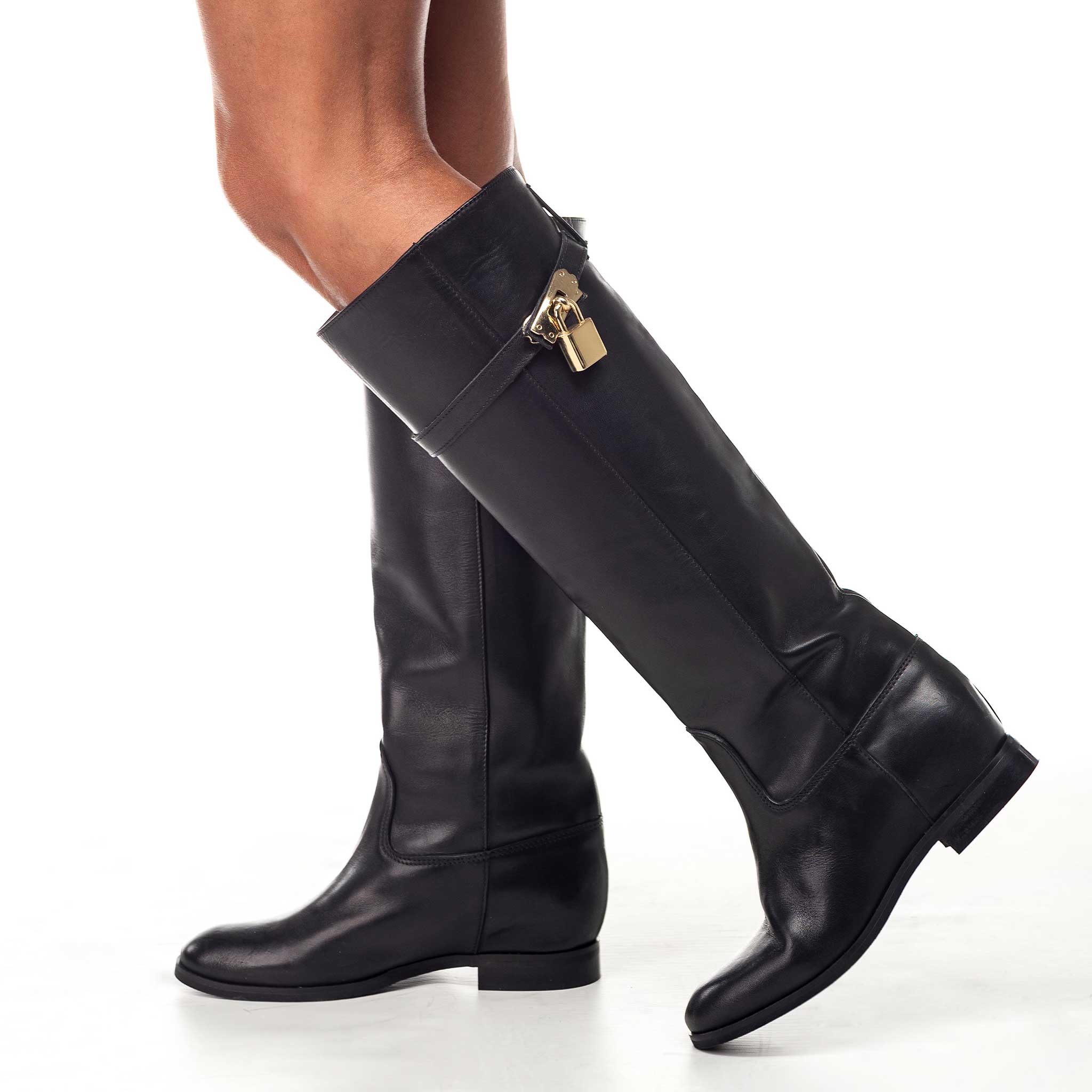 ELYZABETH - Black Genuine Leather Tubular Boot with Strap and Gold Accessory and Internal Lift