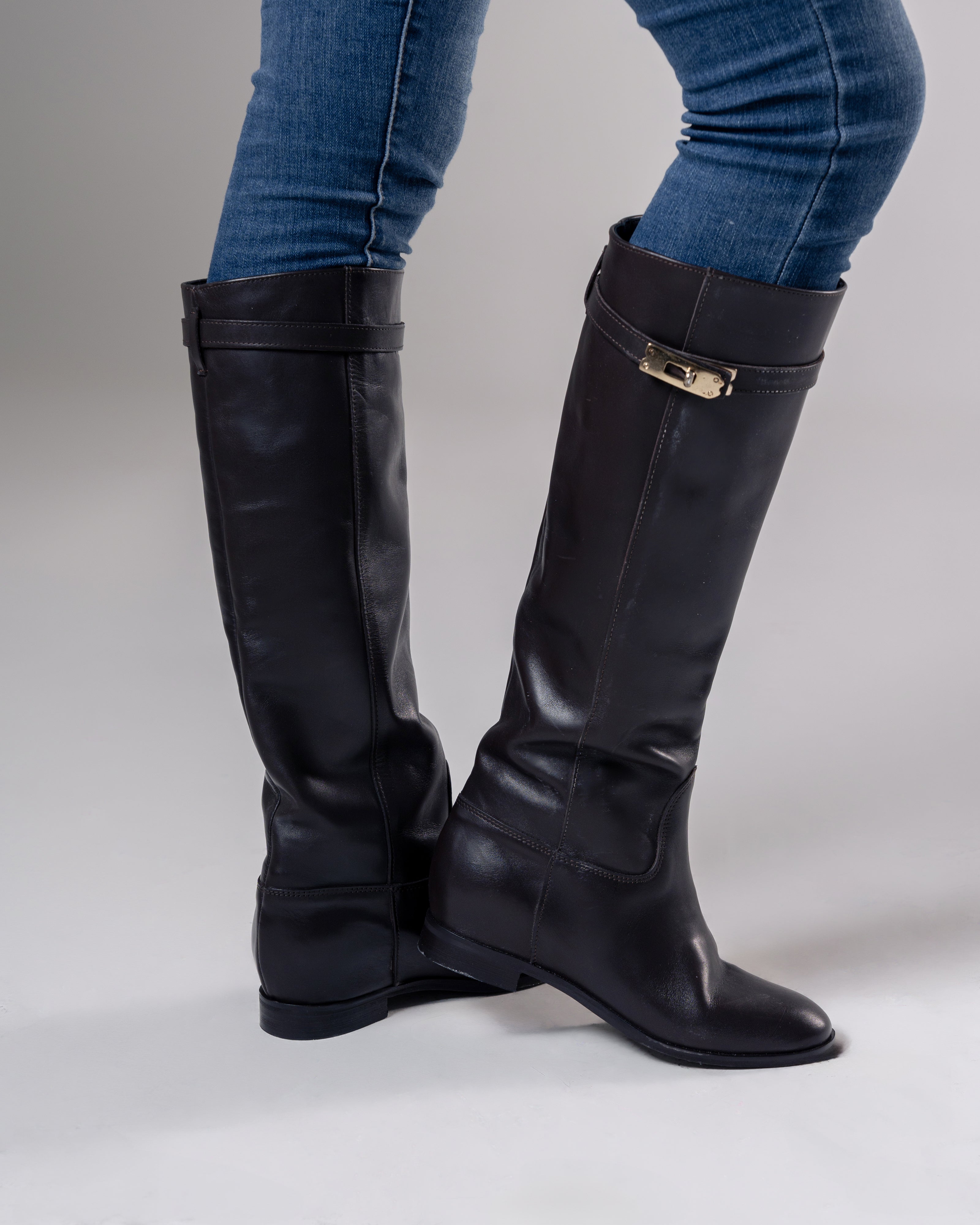 ELYZABETH - Dark Brown Genuine Leather Tubular Boot with Strap and Gold Accessory and Internal Lift