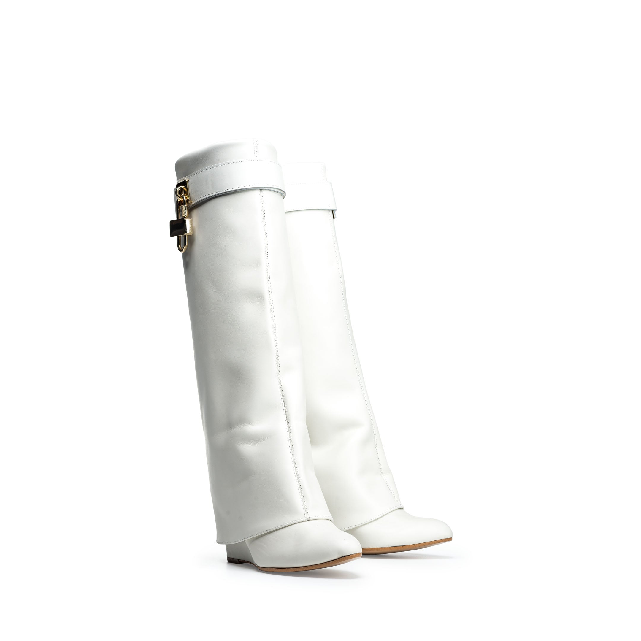 SOPHIE - Bota Tubular de Piel Genuina Blanca con Accesorio y Tacón/Cuña de 7cm