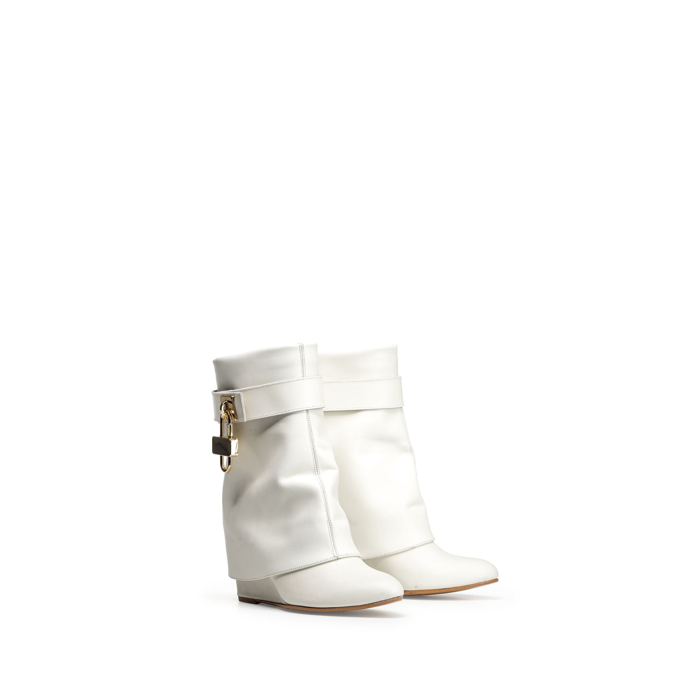 HÉLÈNE - White Genuine Leather Tubular Ankle Boot with Cuff and Accessory and 7cm Heel/Wedge