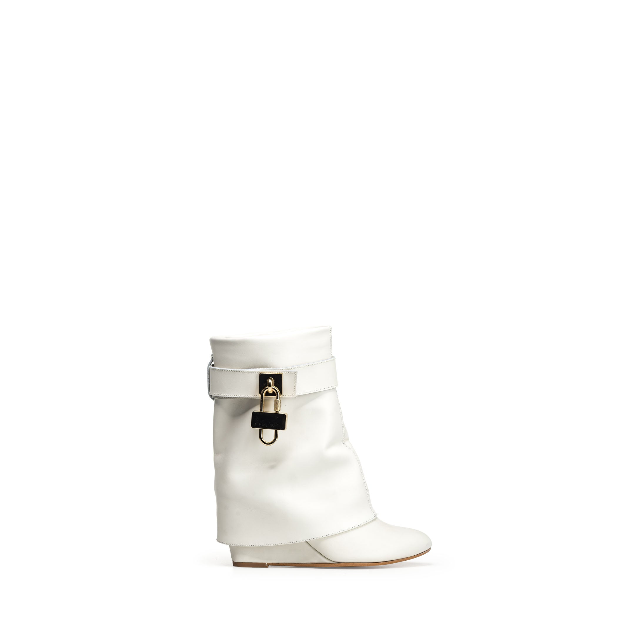 HÉLÈNE - White Genuine Leather Tubular Ankle Boot with Cuff and Accessory and 7cm Heel/Wedge