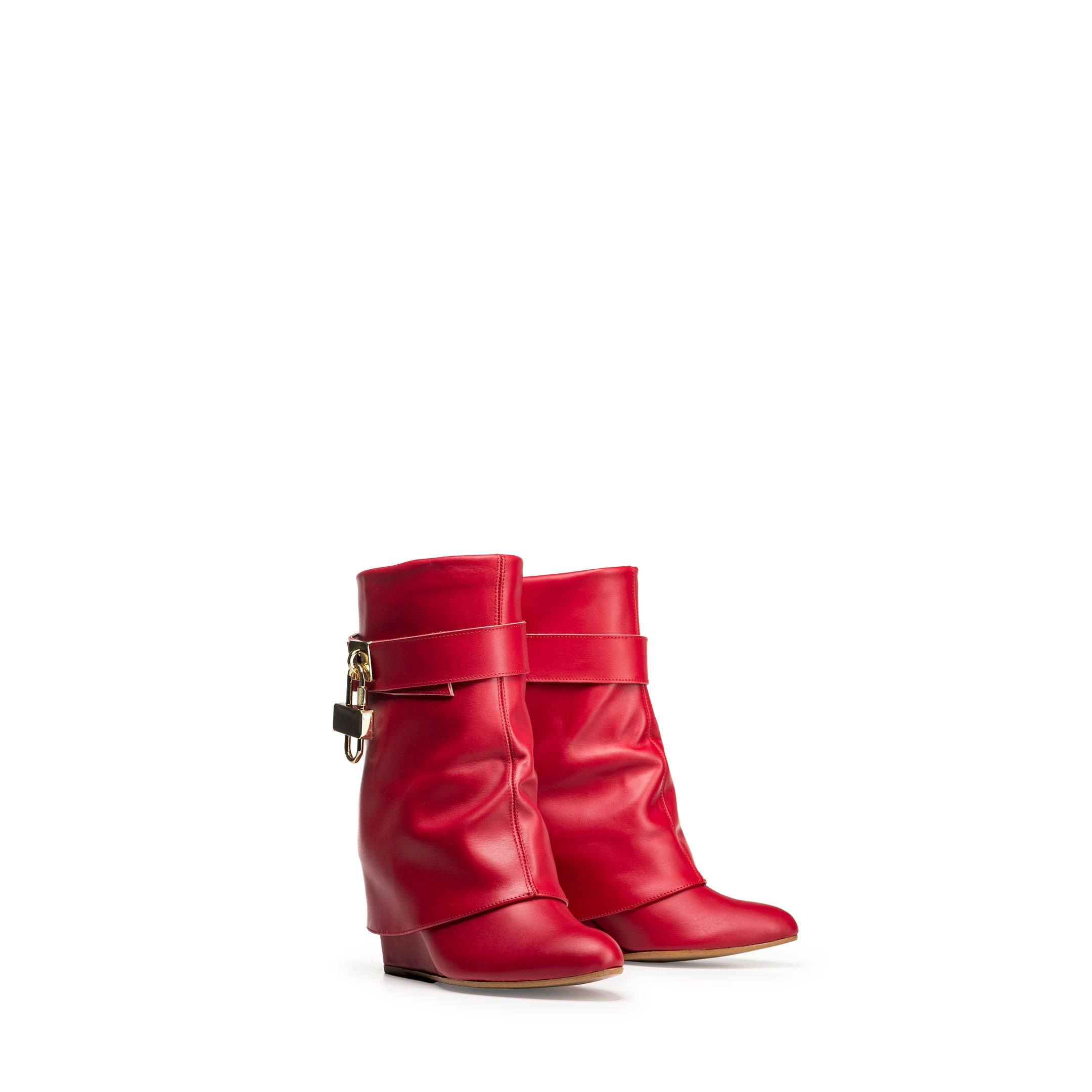 HÉLÈNE - Red Genuine Leather Tubular Ankle Boot with Cuff and Accessory and 7cm Heel/Wedge