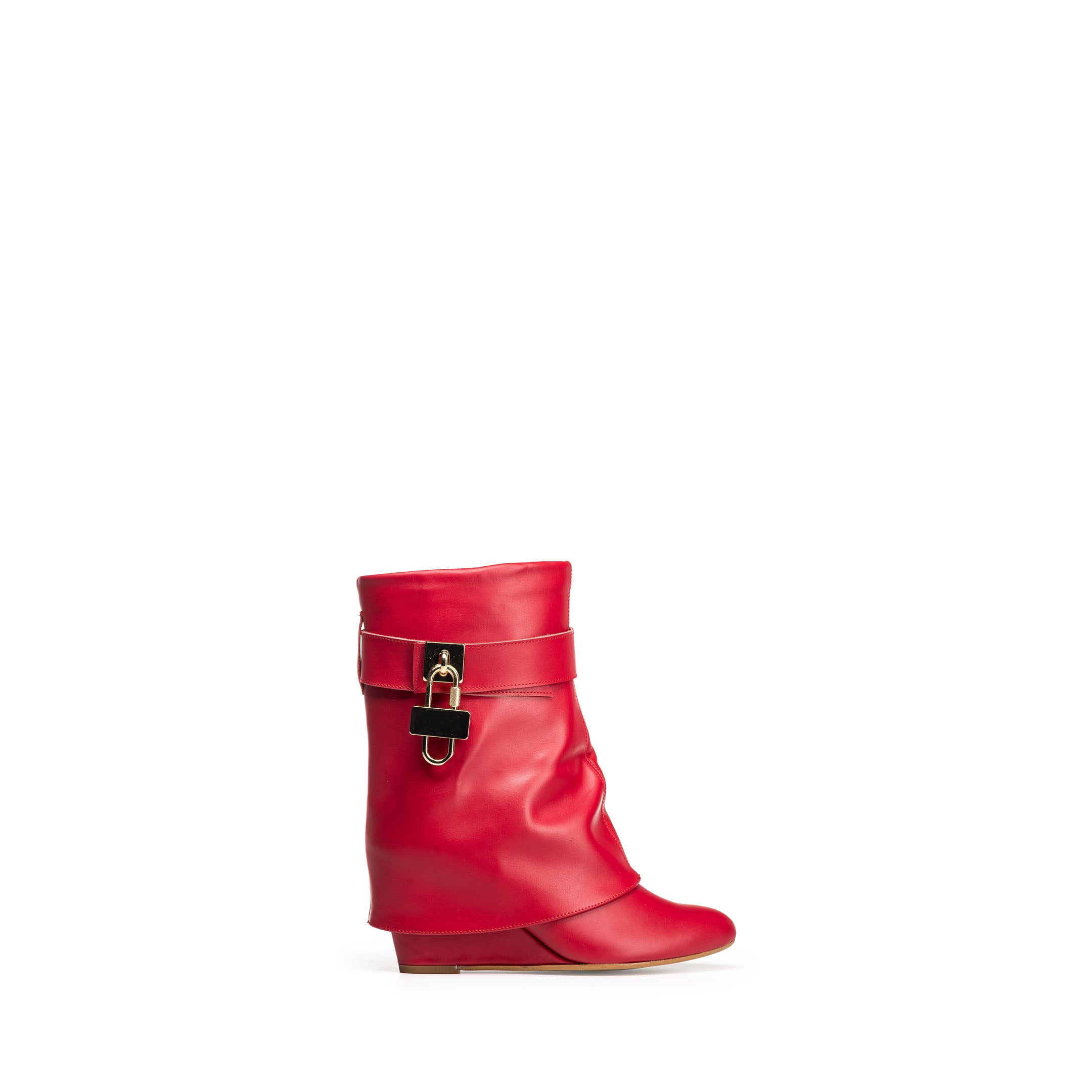 HÉLÈNE - Red Genuine Leather Tubular Ankle Boot with Cuff and Accessory and 7cm Heel/Wedge