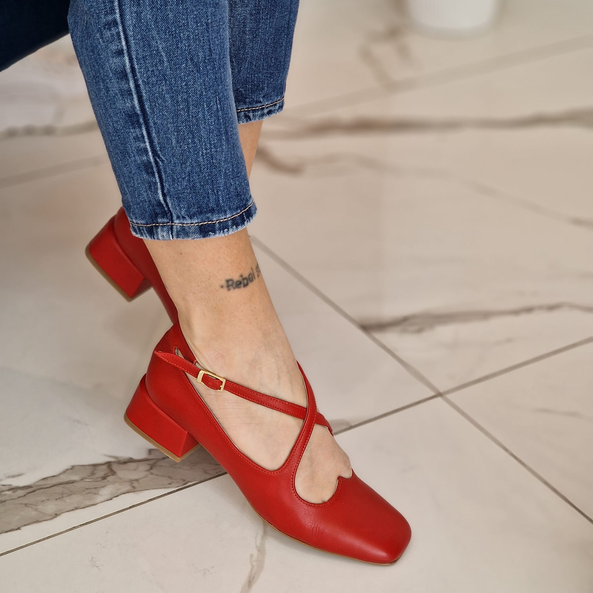 IRINA - Red Leather Criss-cross Pump with Sweetheart Neckline and Crossover Straps on the Instep with Square Toe