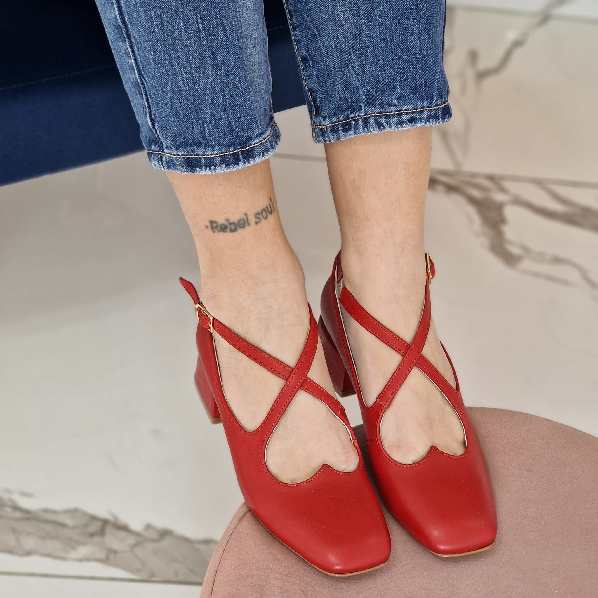 IRINA - Red Leather Criss-cross Pump with Sweetheart Neckline and Crossover Straps on the Instep with Square Toe