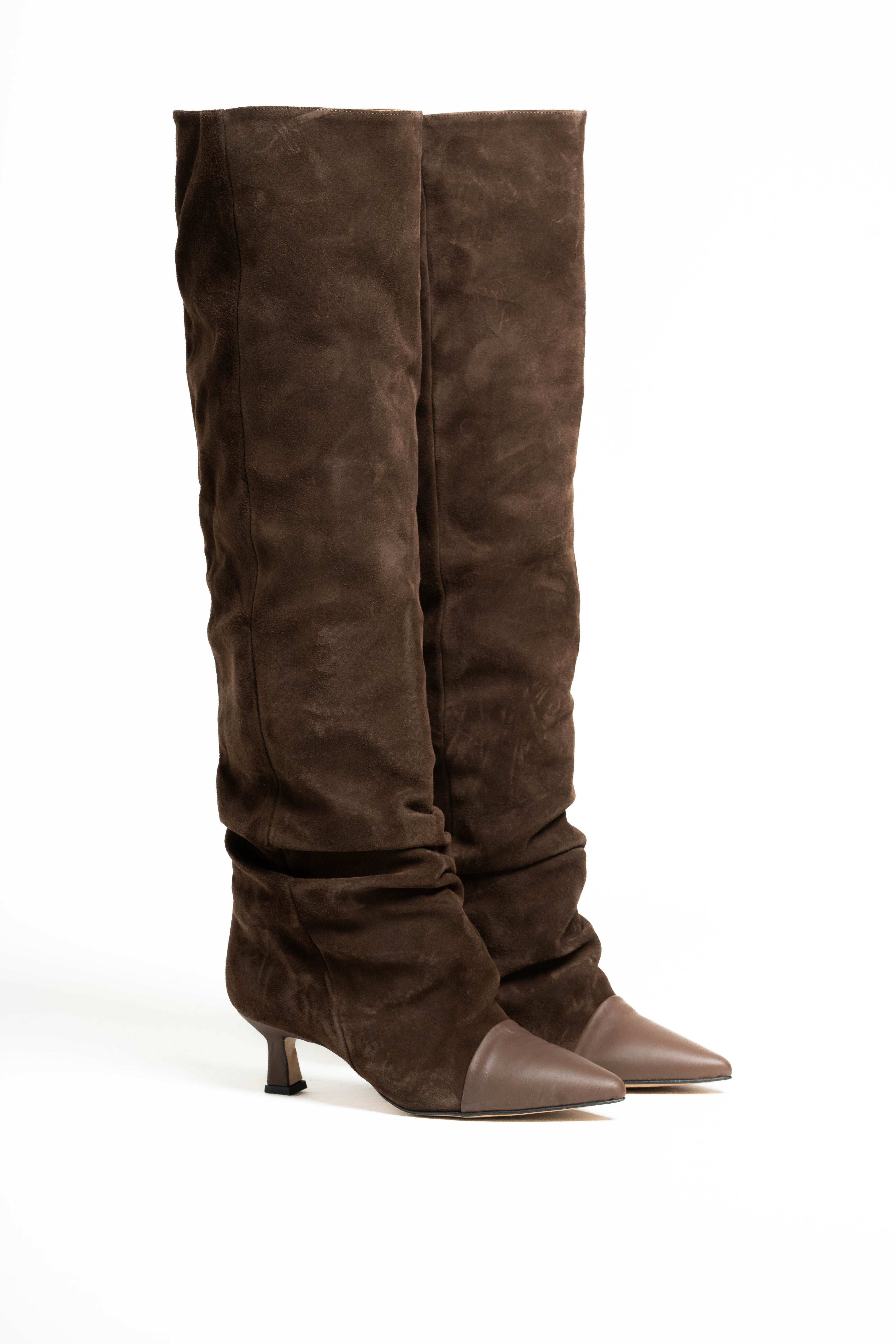 JENNIFER_TWINS - Stivale alto al ginocchio in Vero Camoscio e Vera Pelle Cioccolato - Tacco 5 Cm