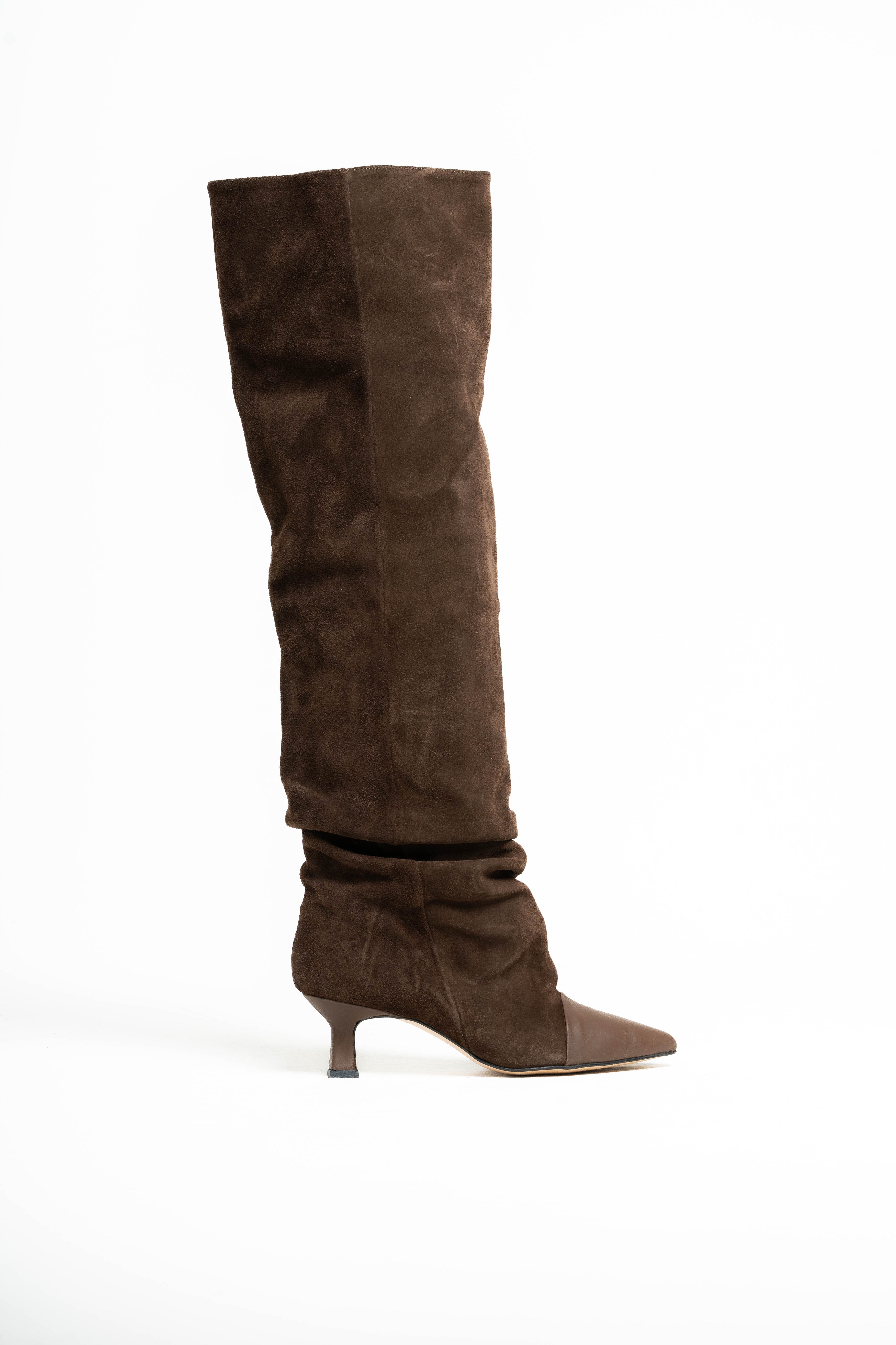JENNIFER_TWINS - Stivale alto al ginocchio in Vero Camoscio e Vera Pelle Cioccolato - Tacco 5 Cm