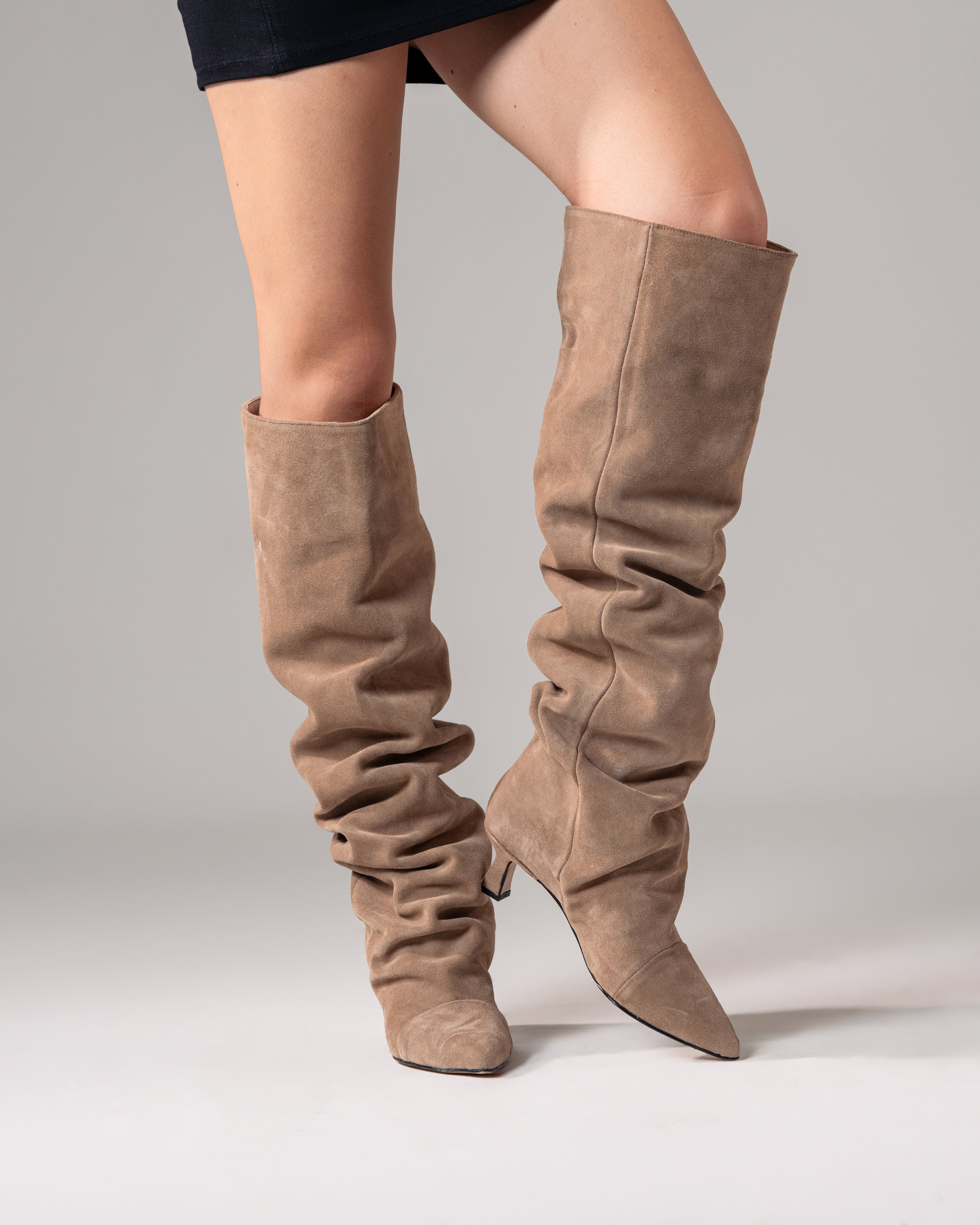 JENNIFER - Knee-high tubular boot in real draped suede