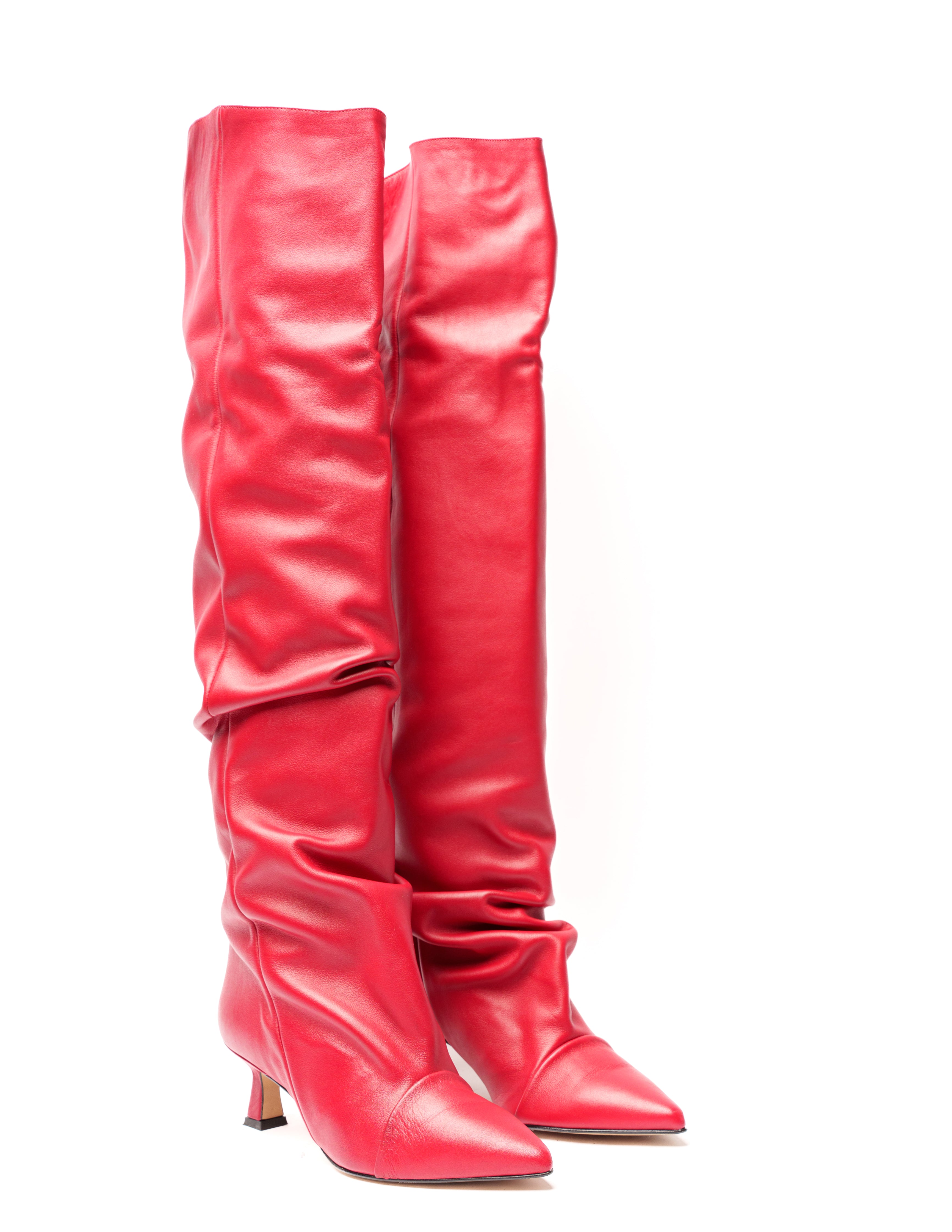 JENNIFER - High knee tubular boot in real red leather with draped effect. 5 cm heel.