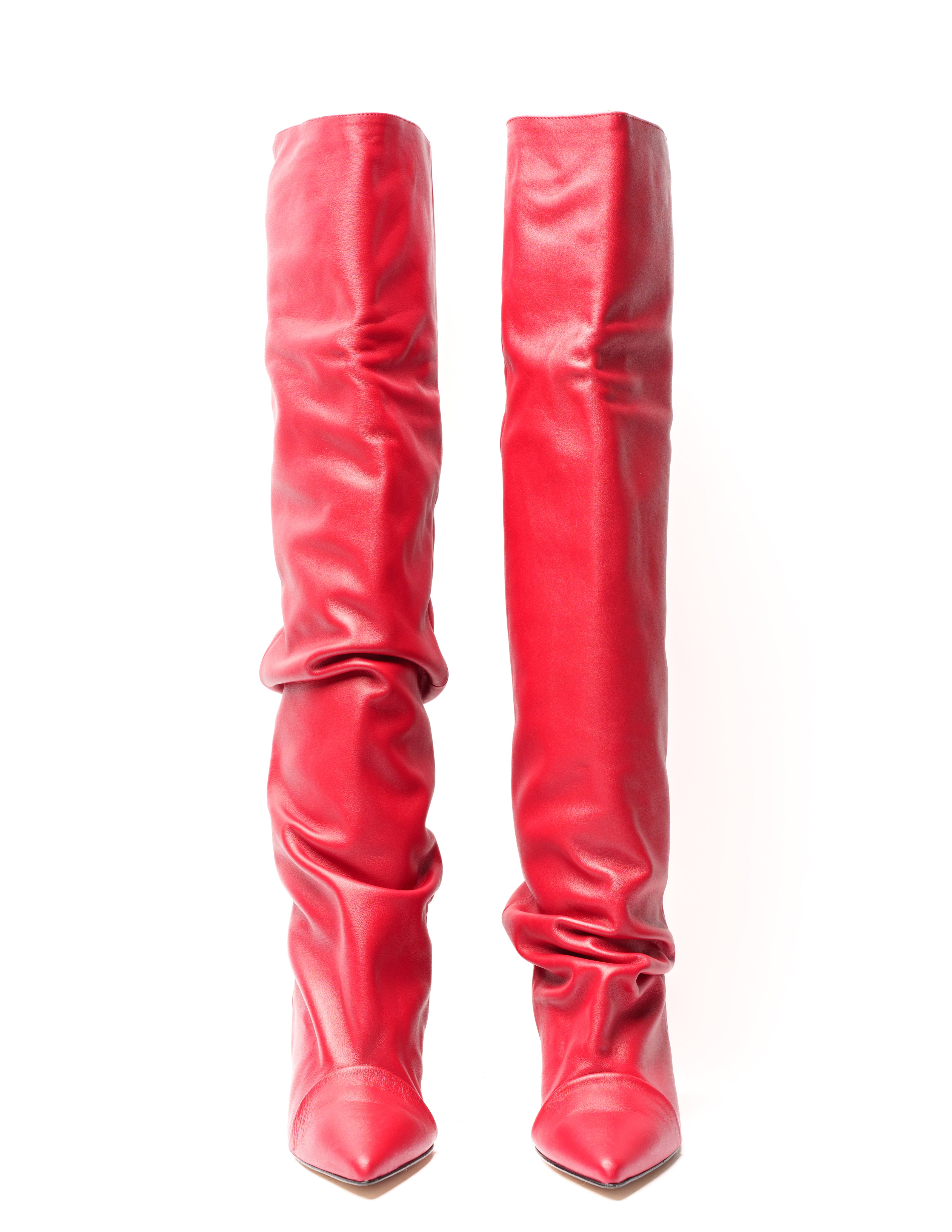 JENNIFER - High knee tubular boot in real red leather with draped effect. 5 cm heel.