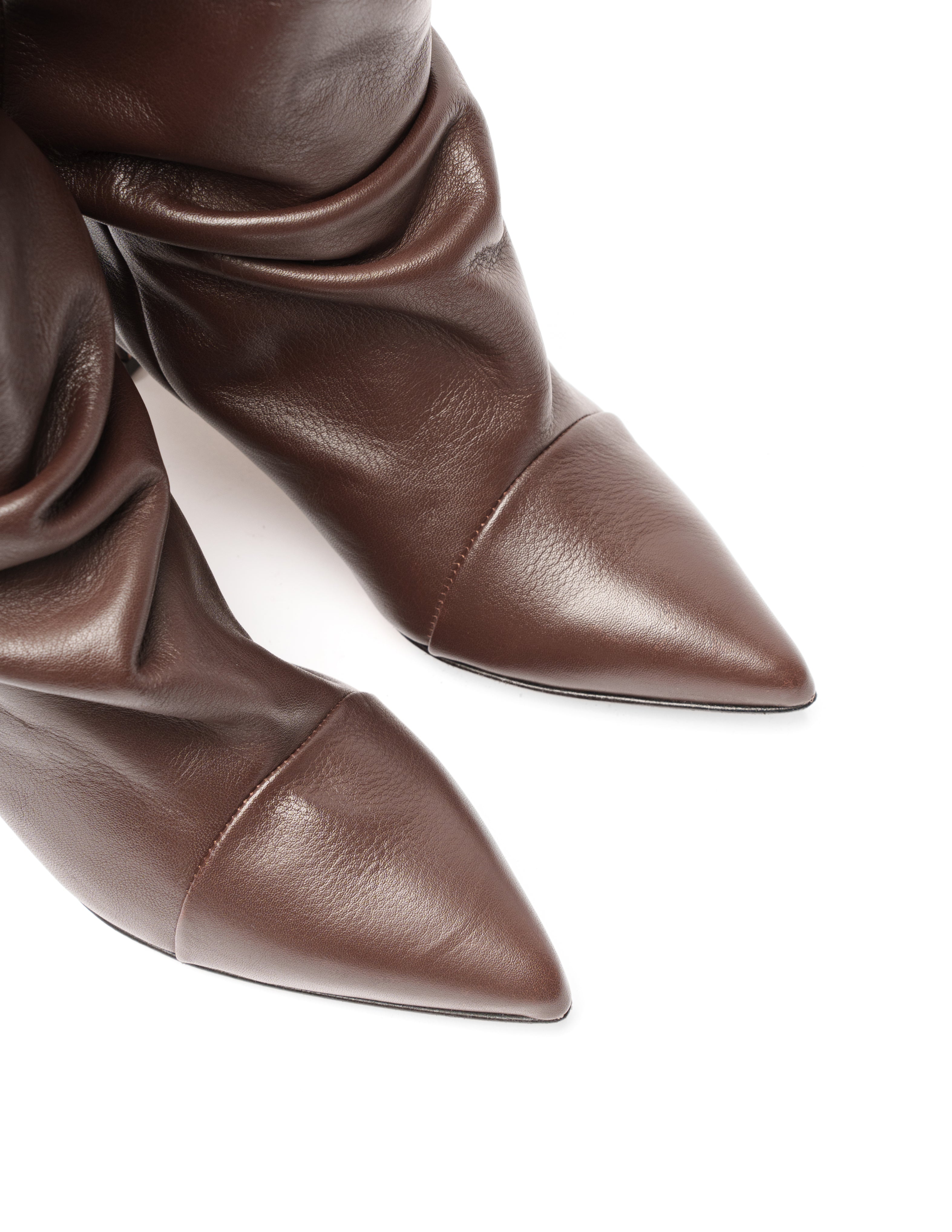 JENNIFER - Knee-high tubular boot in genuine Chocolate leather with draped effect. 5 cm heel.