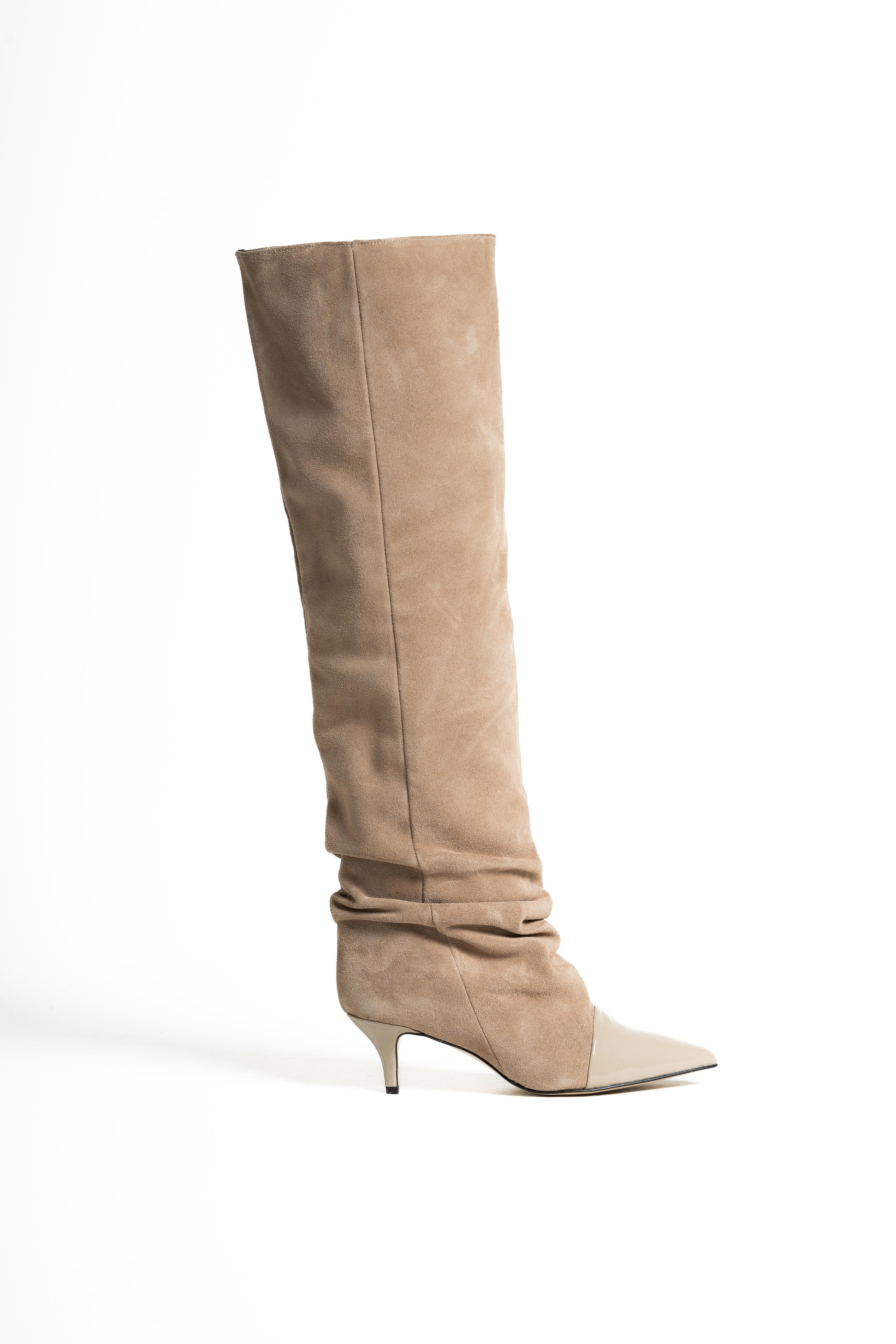 JENNIFER_TWINS - Stivale alto al ginocchio in Vero Camoscio e Vera Pelle Tortora - Tacco 5 Cm