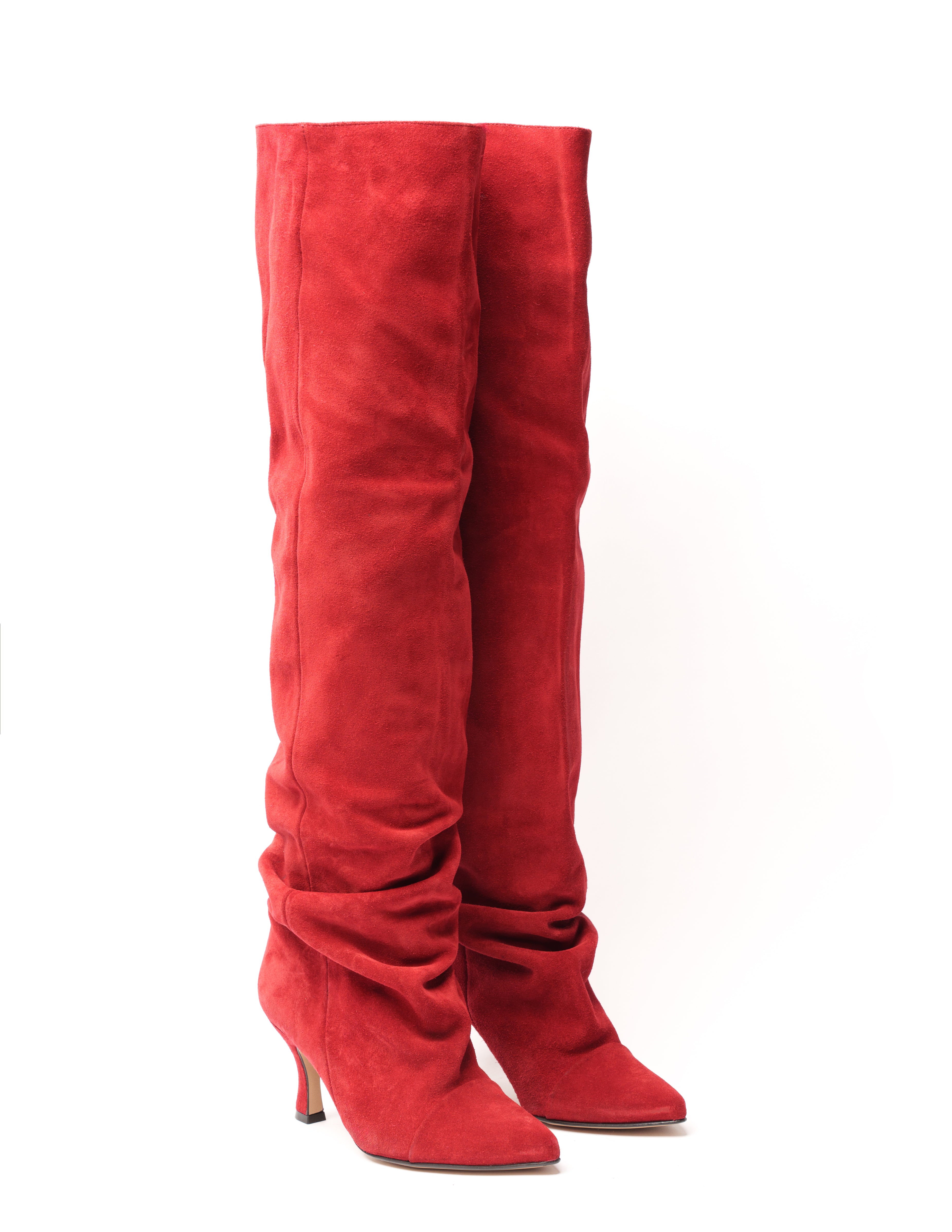 JENNIFER_70 - Knee High Boot in Real Red Suede Heel 7 Cm