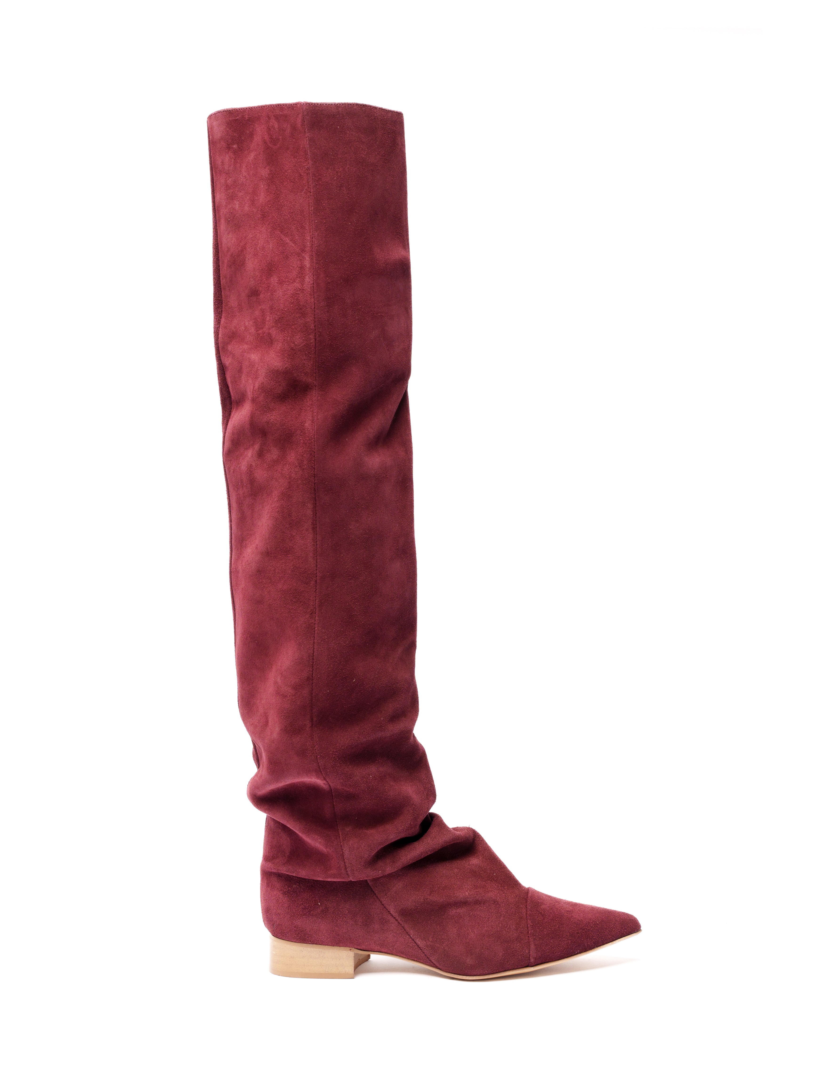 JENNIFER_FLAT - Tubular boot in Bordeaux real suede with draped effect