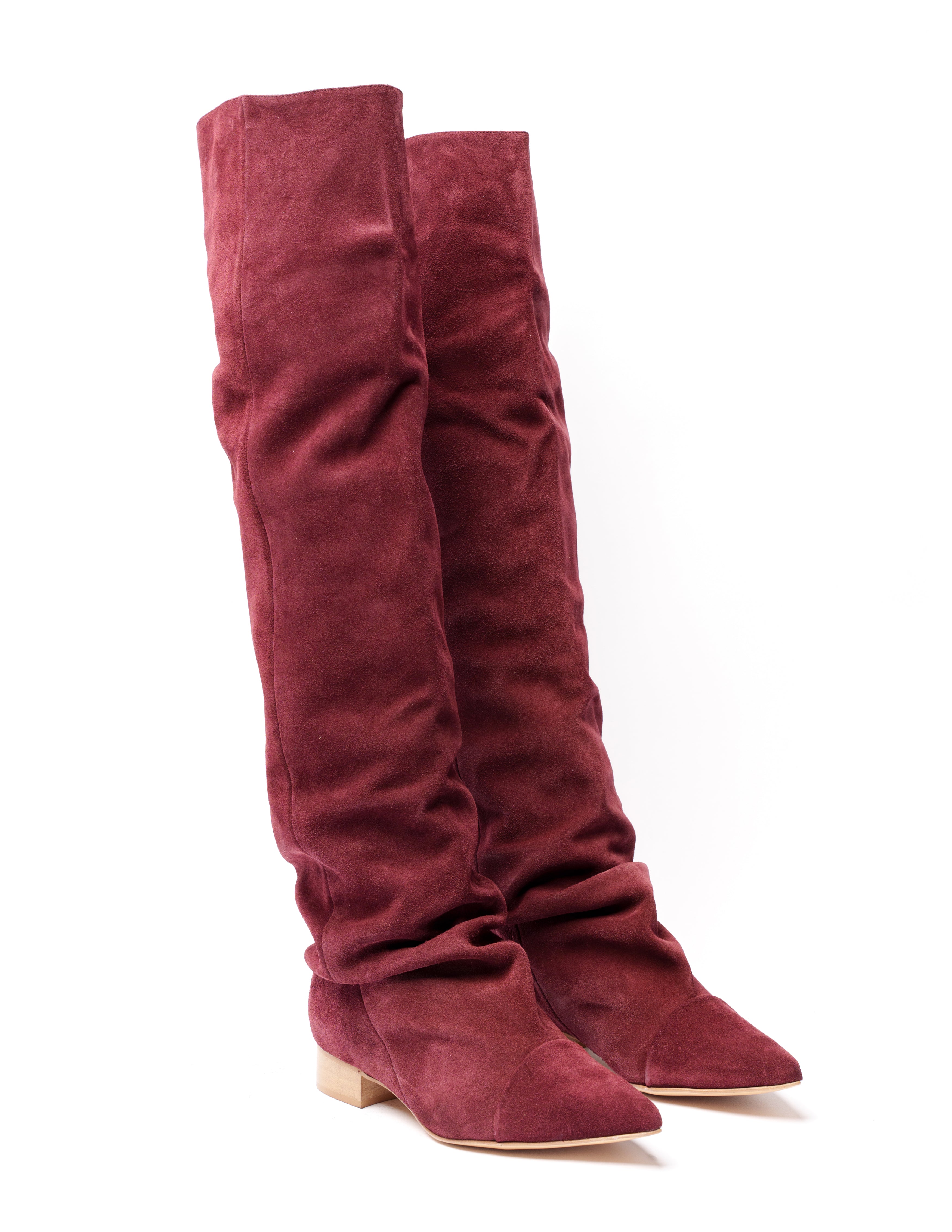 JENNIFER_FLAT - Tubular boot in Bordeaux real suede with draped effect