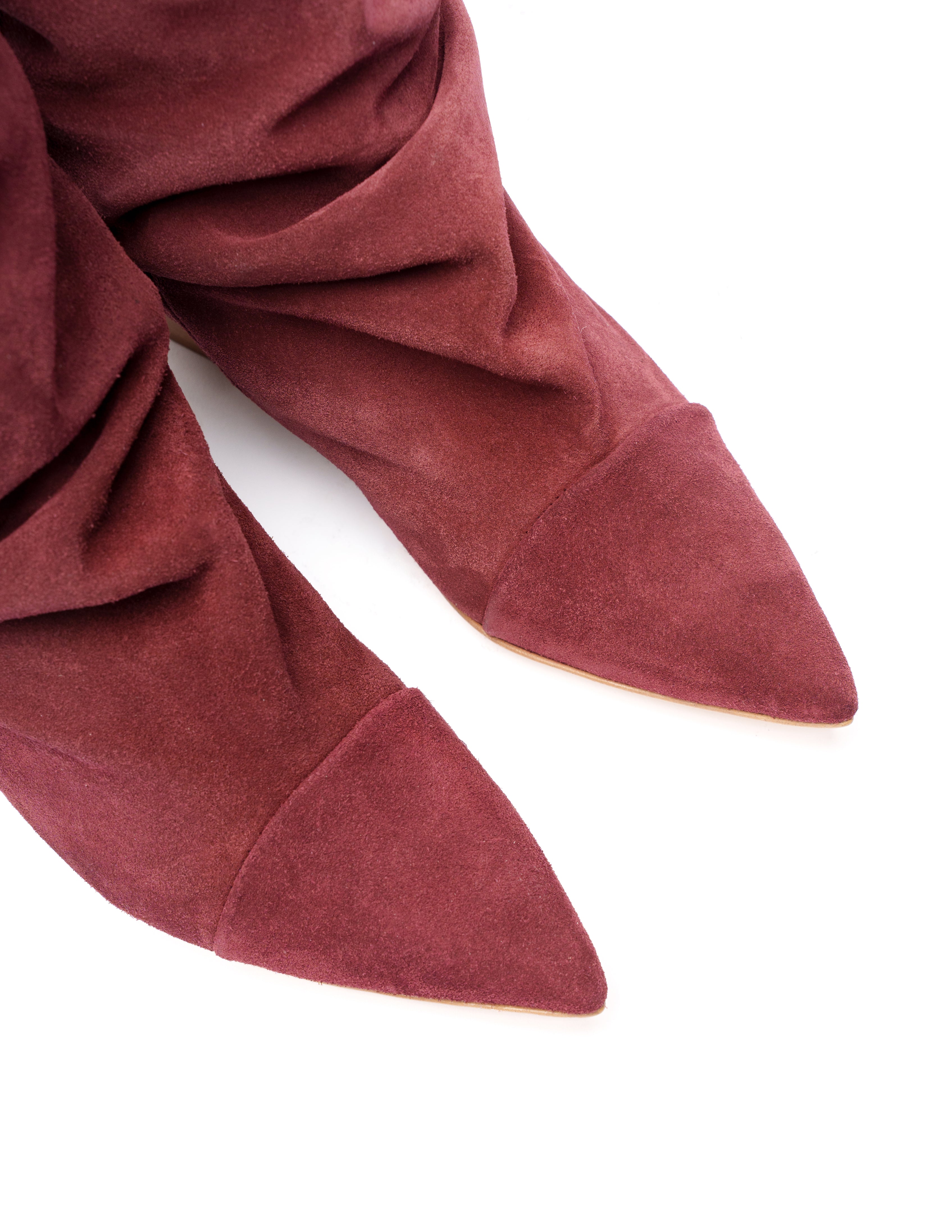 JENNIFER_FLAT - Tubular boot in Bordeaux real suede with draped effect