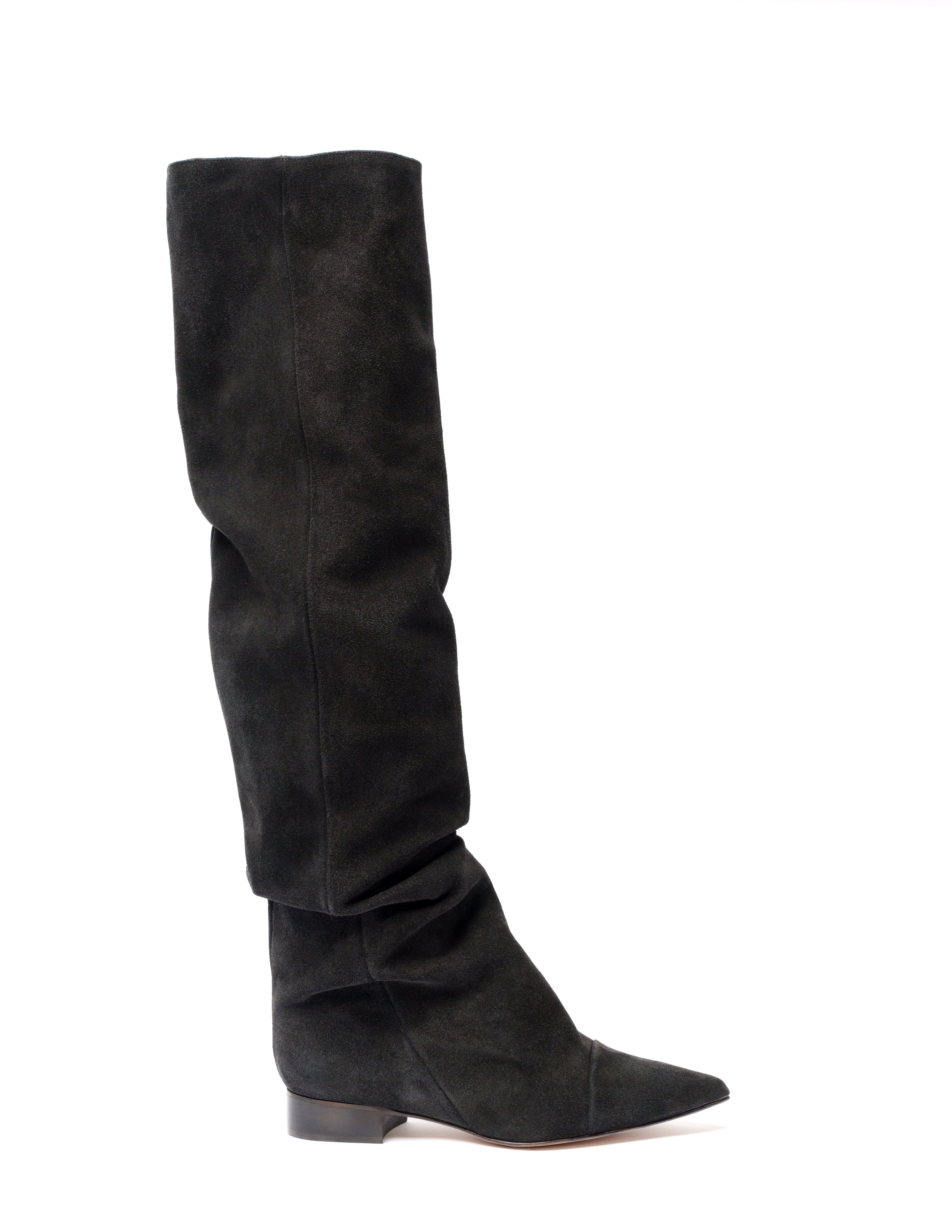 JENNIFER_FLAT - Black Real Suede Tubular Boot with Draped Effect