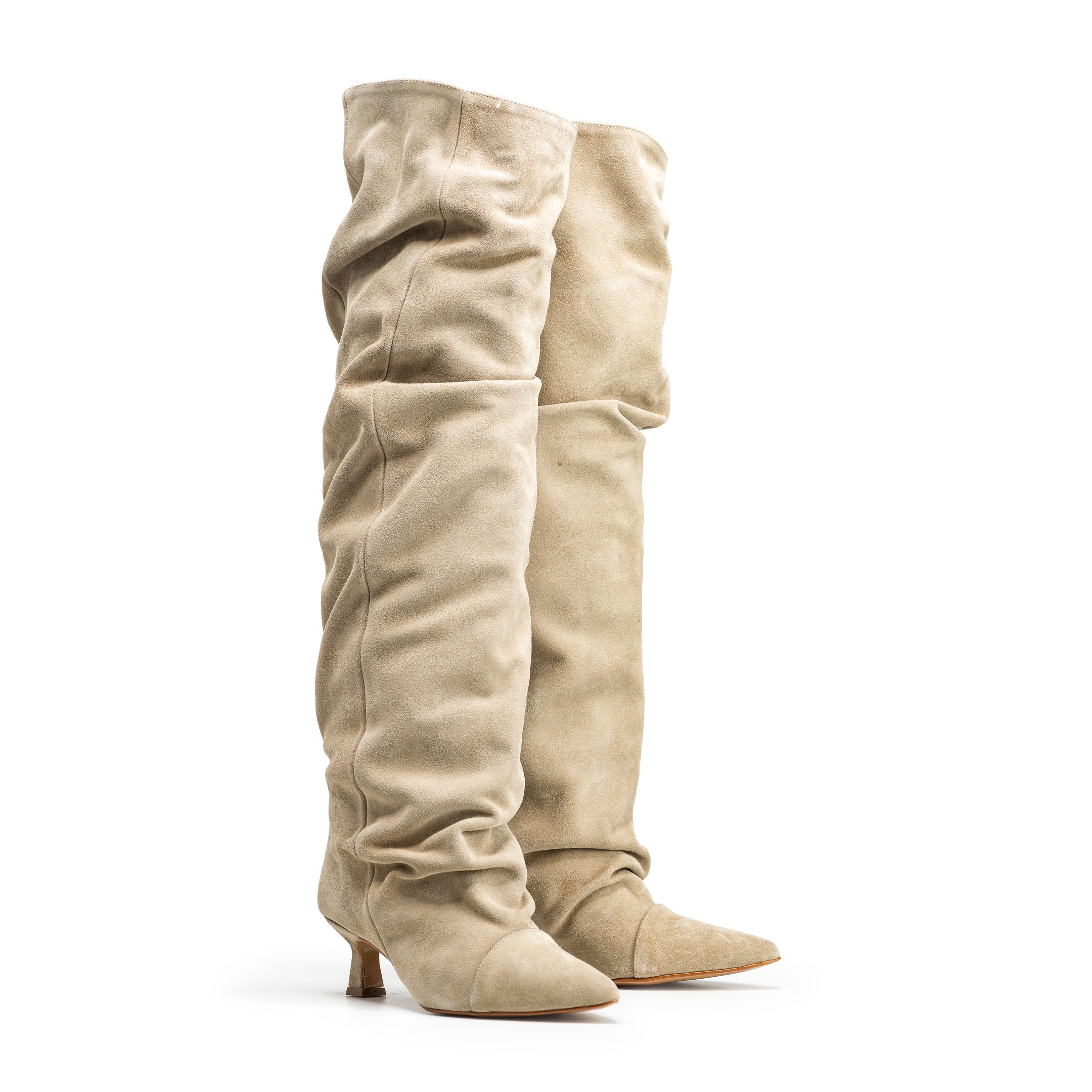 JENNIFER - Knee-high tubular boot in real suede in sand with draped effect