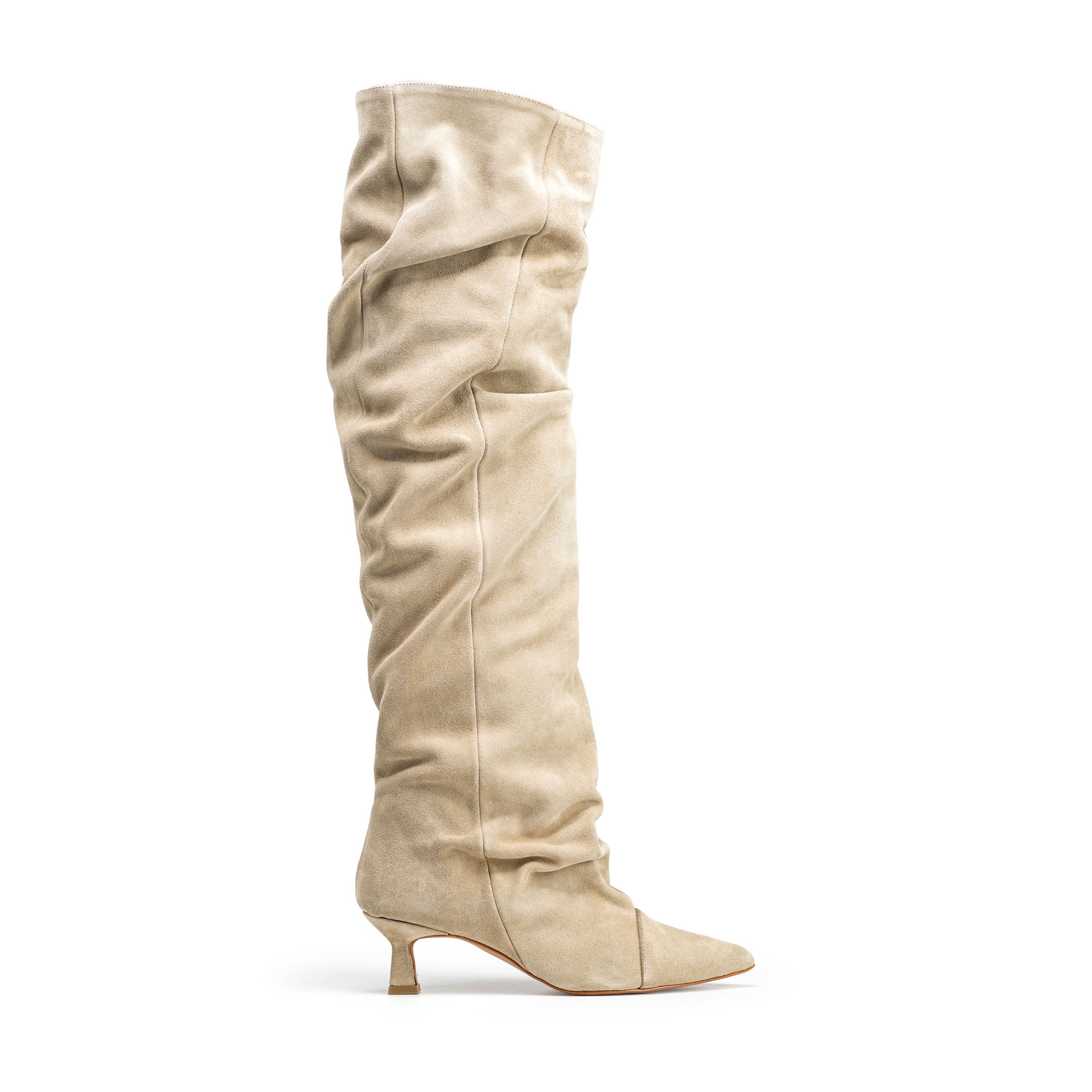 JENNIFER - Knee-high tubular boot in real suede in sand with draped effect