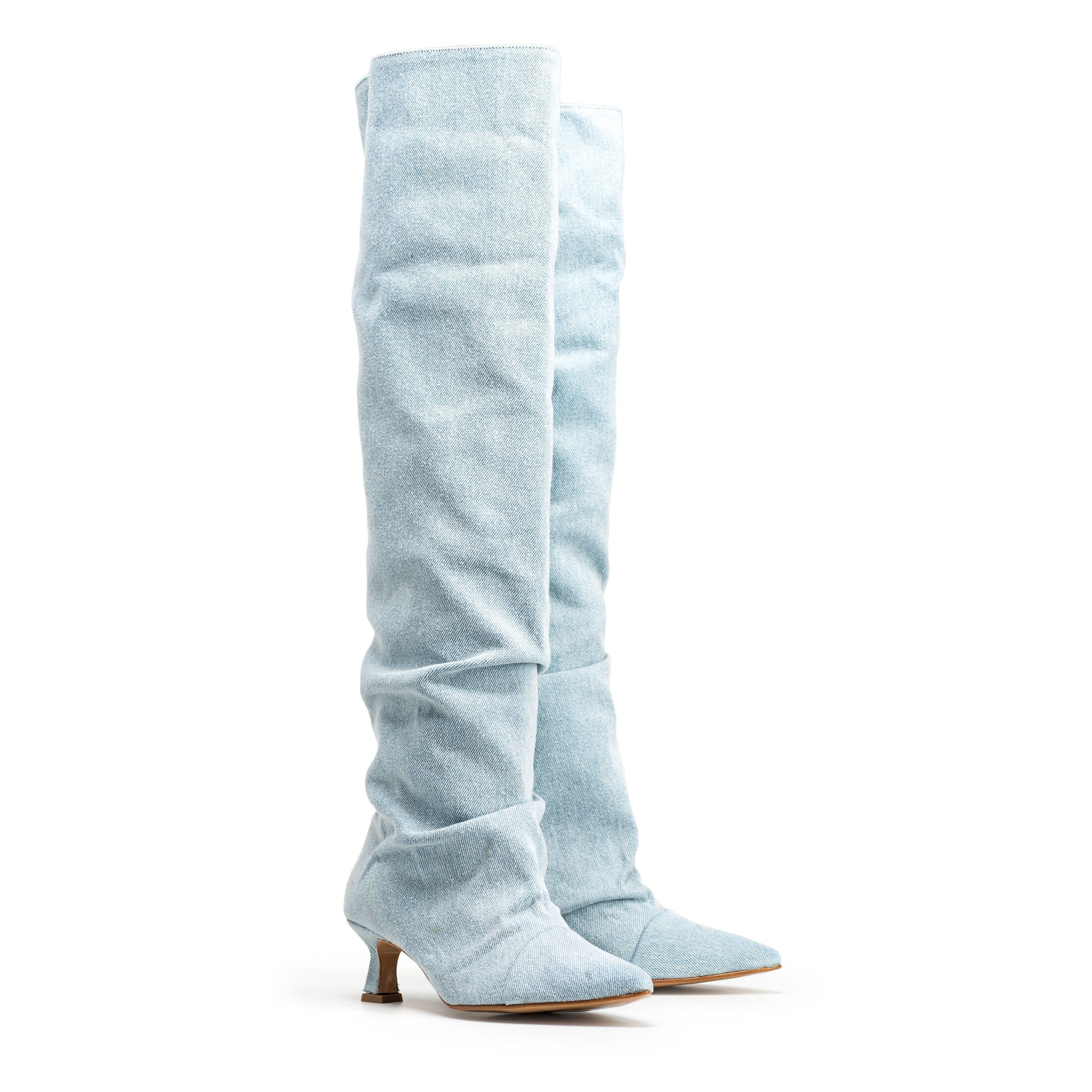 JENNY - Stivale alto al ginocchio in Tessuto Denim Jeans Effetto Drappeggiato Tacco 5 Cm