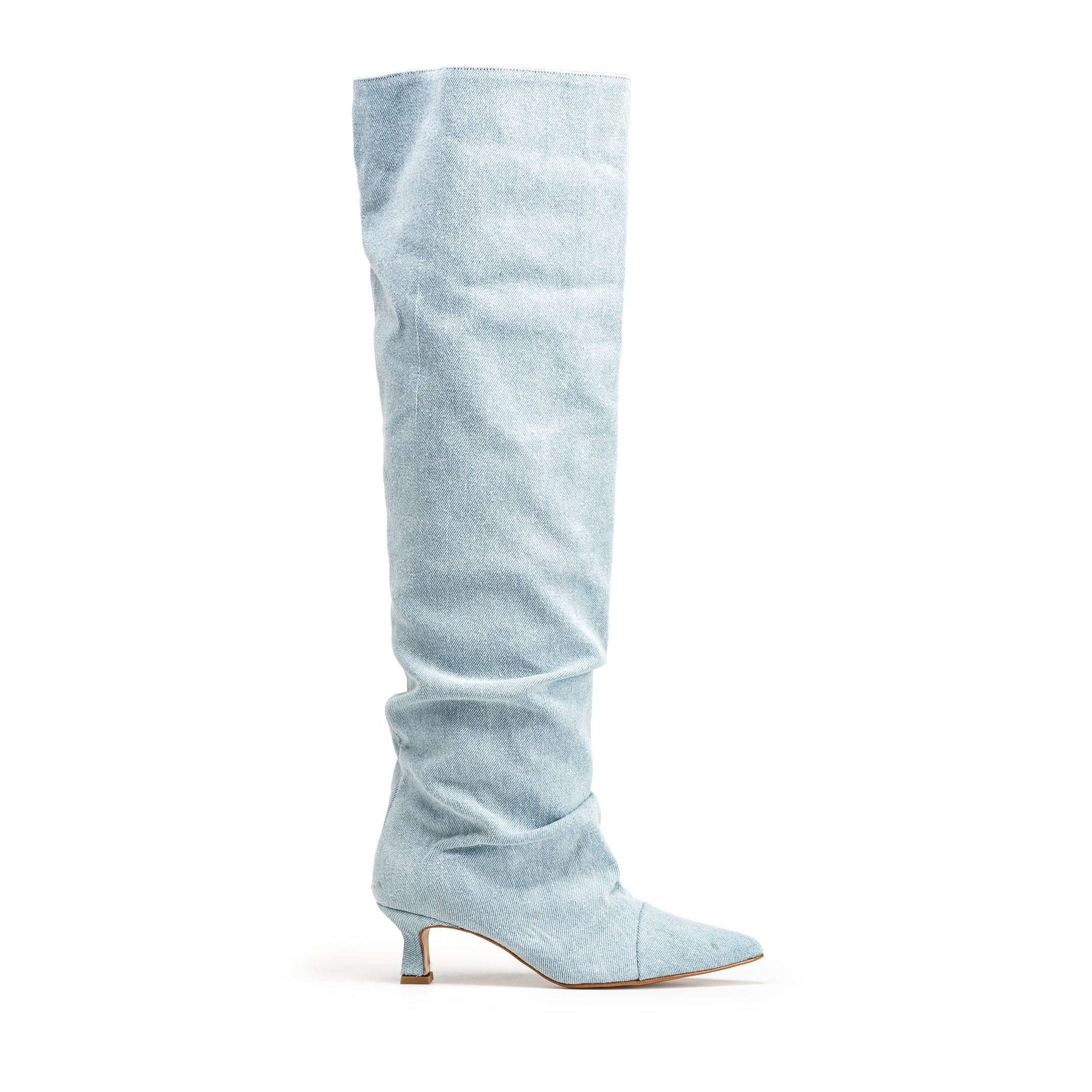 JENNY - Stivale alto al ginocchio in Tessuto Denim Jeans Effetto Drappeggiato Tacco 5 Cm