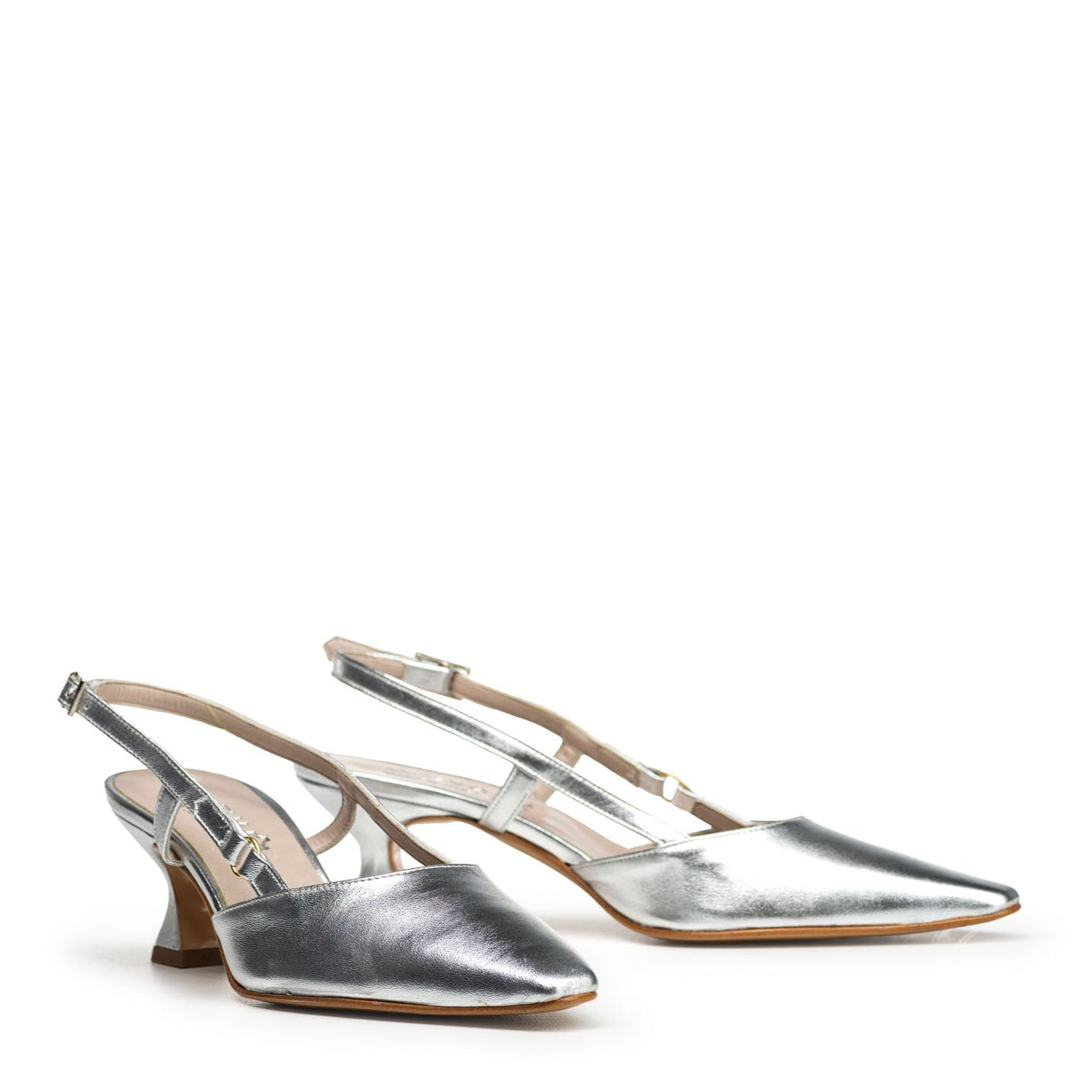 KAROL - Decolleté Slingback a punta in Vera Pelle Laminato Argento - Tacco Rocchetta 5 Cm