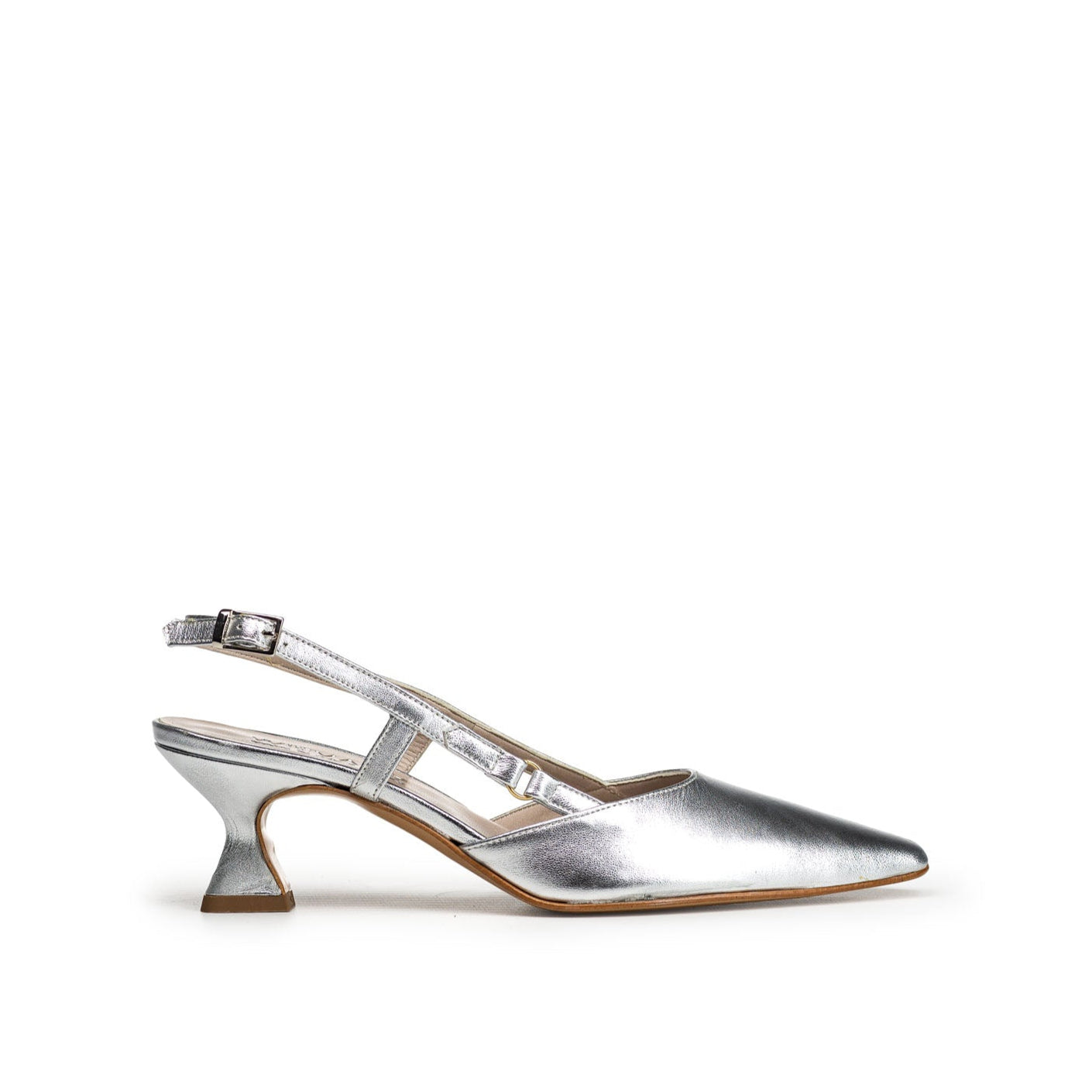 KAROL - Decolleté Slingback a punta in Vera Pelle Laminato Argento - Tacco Rocchetta 5 Cm