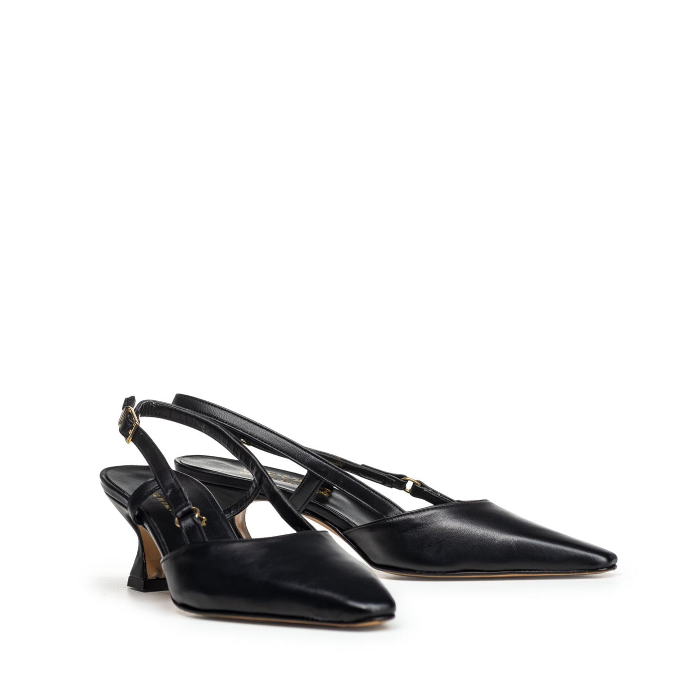 KAROL - Decolleté Slingback a punta in Vera Pelle Nera - Tacco Rocchetta 5 Cm