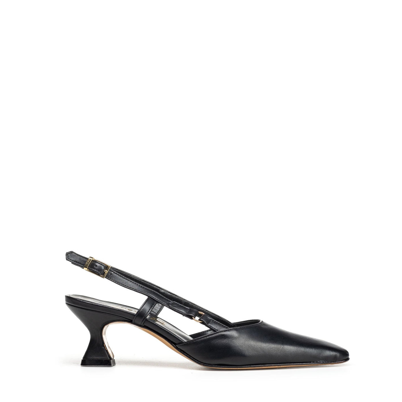 KAROL - Decolleté Slingback a punta in Vera Pelle Nera - Tacco Rocchetta 5 Cm