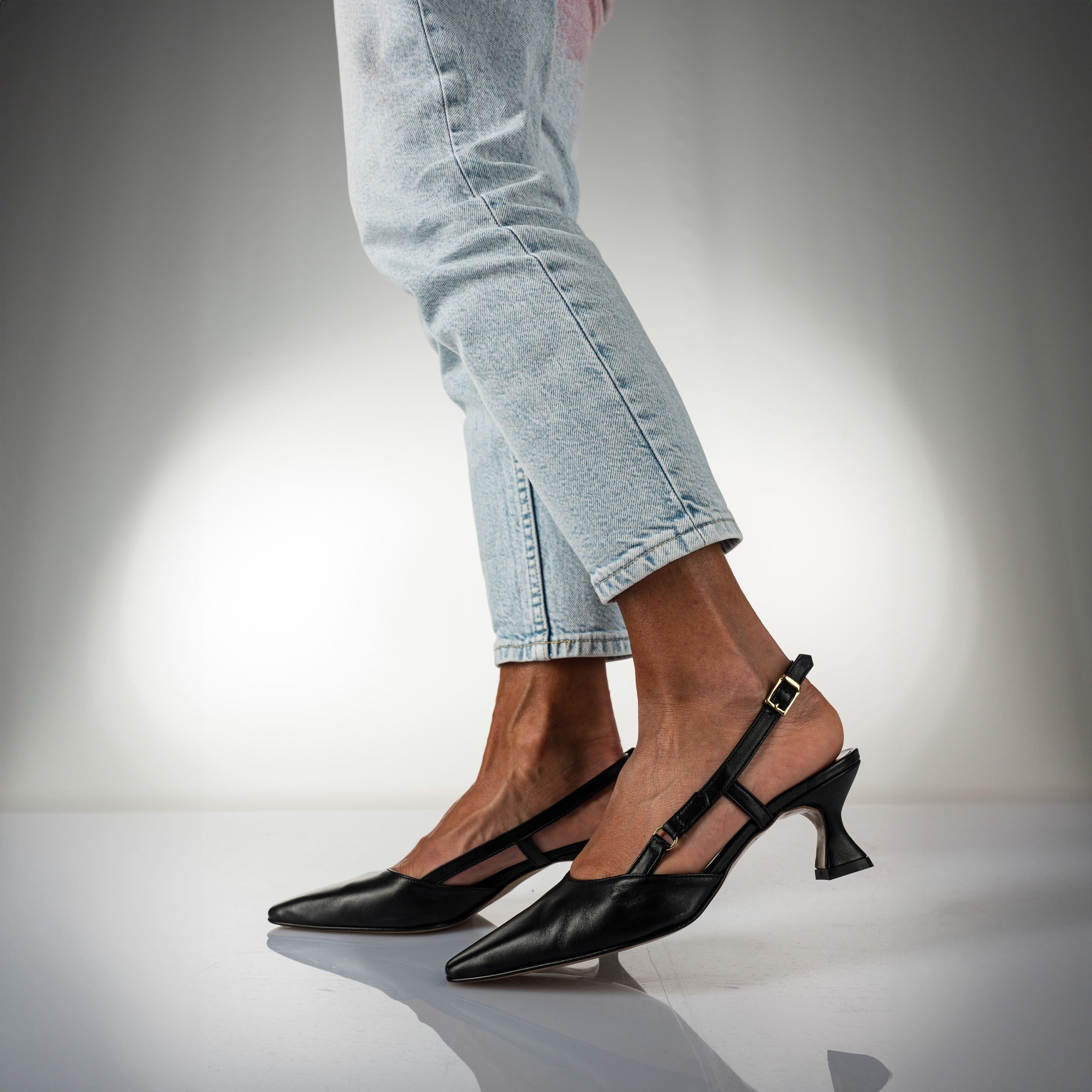 KAROL - Pointed Slingback Pump in Black Genuine Leather with 5 cm Heel