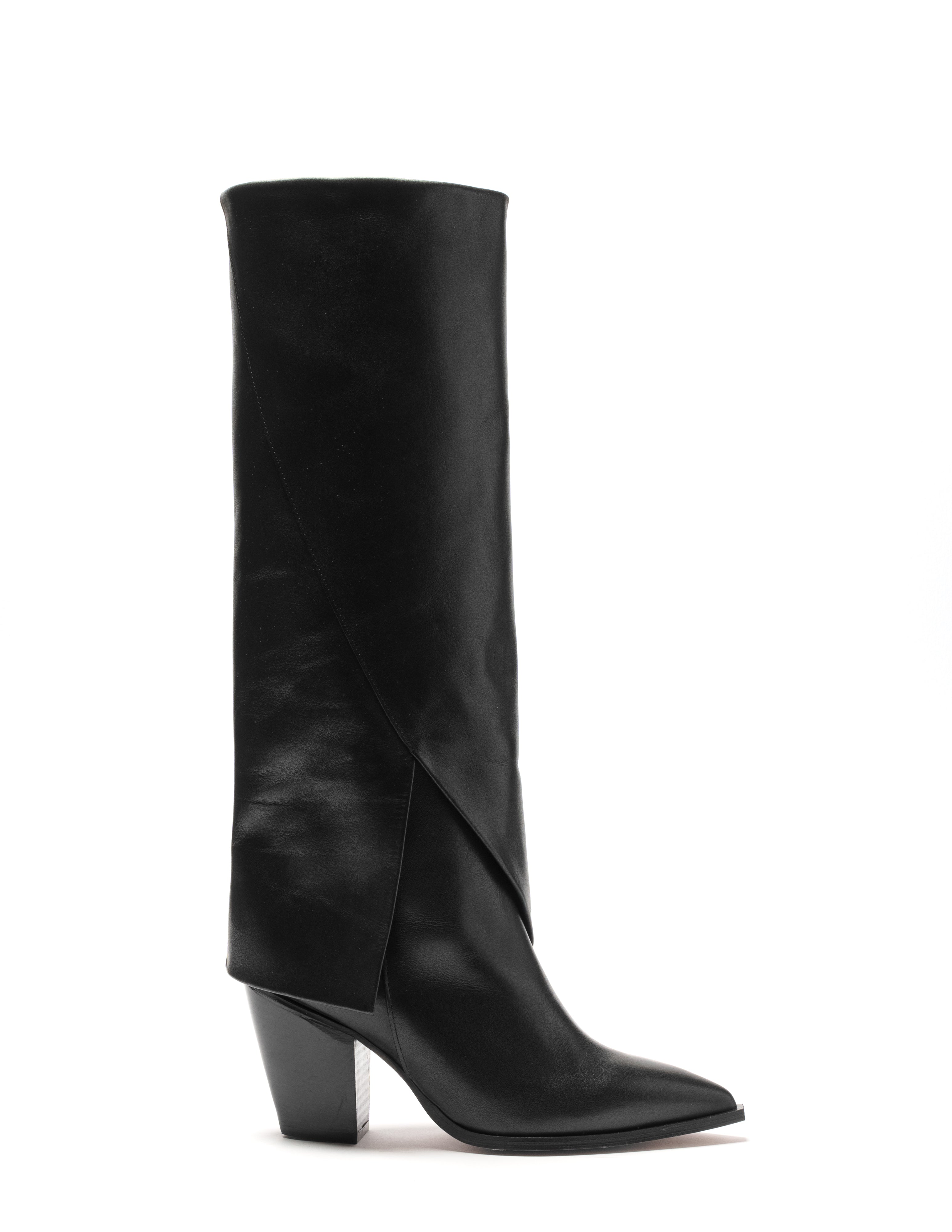 KATHERINE - Camperos mood tubular boot below the knee in genuine black leather with asymmetric cut and 7 cm heel