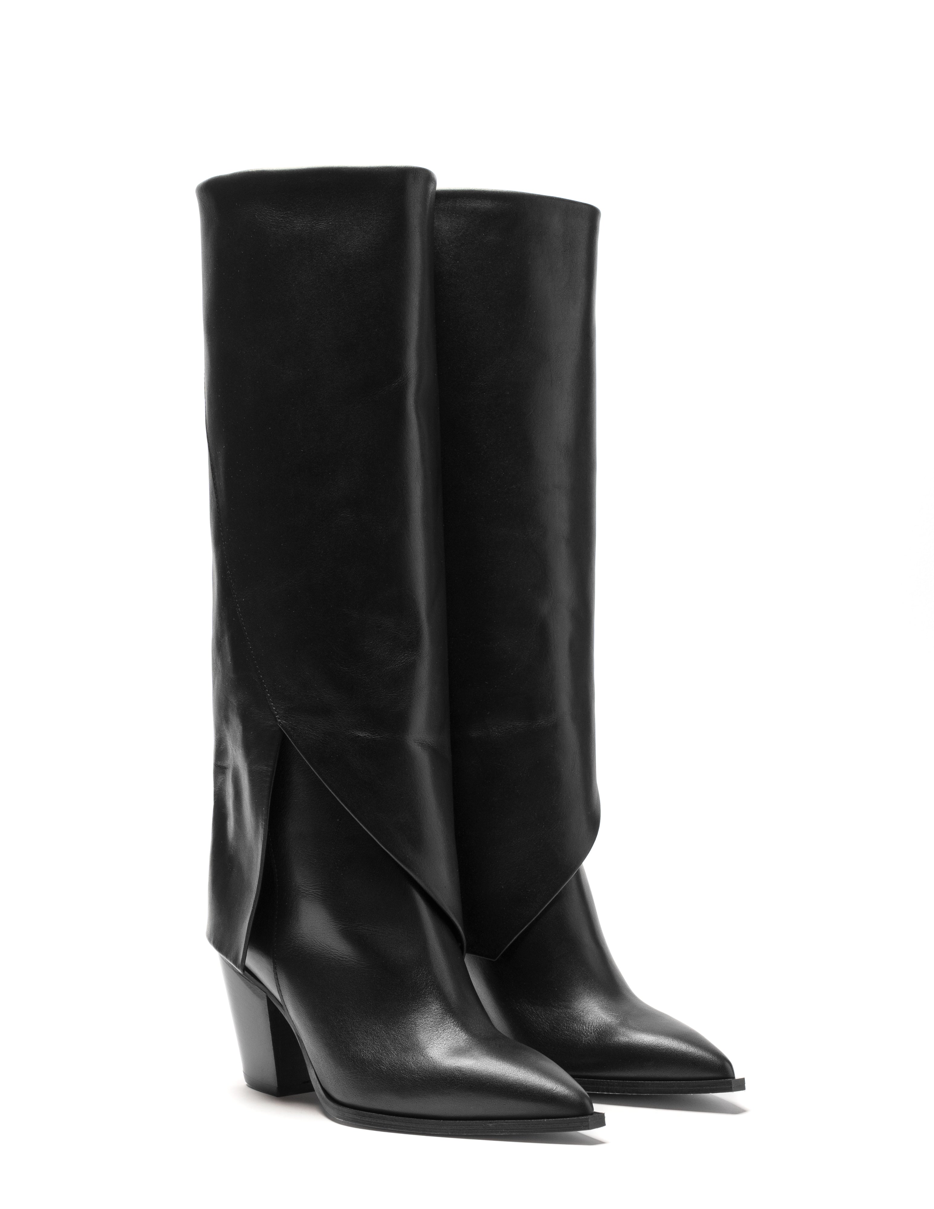 KATHERINE - Camperos mood tubular boot below the knee in genuine black leather with asymmetric cut and 7 cm heel