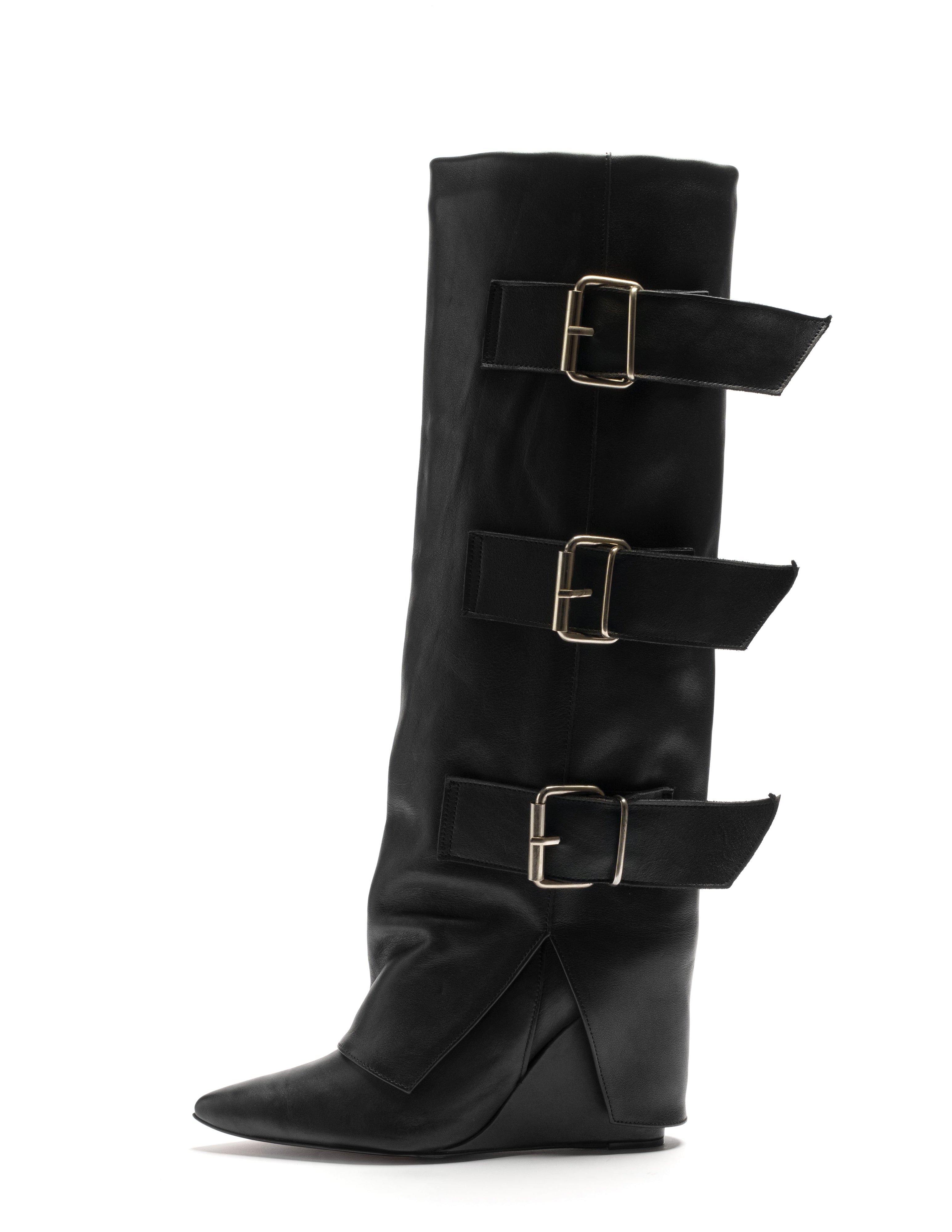 KRIZIA - Tubular Boot in Genuine Leather with 3 Buckles and 11 cm Wedge