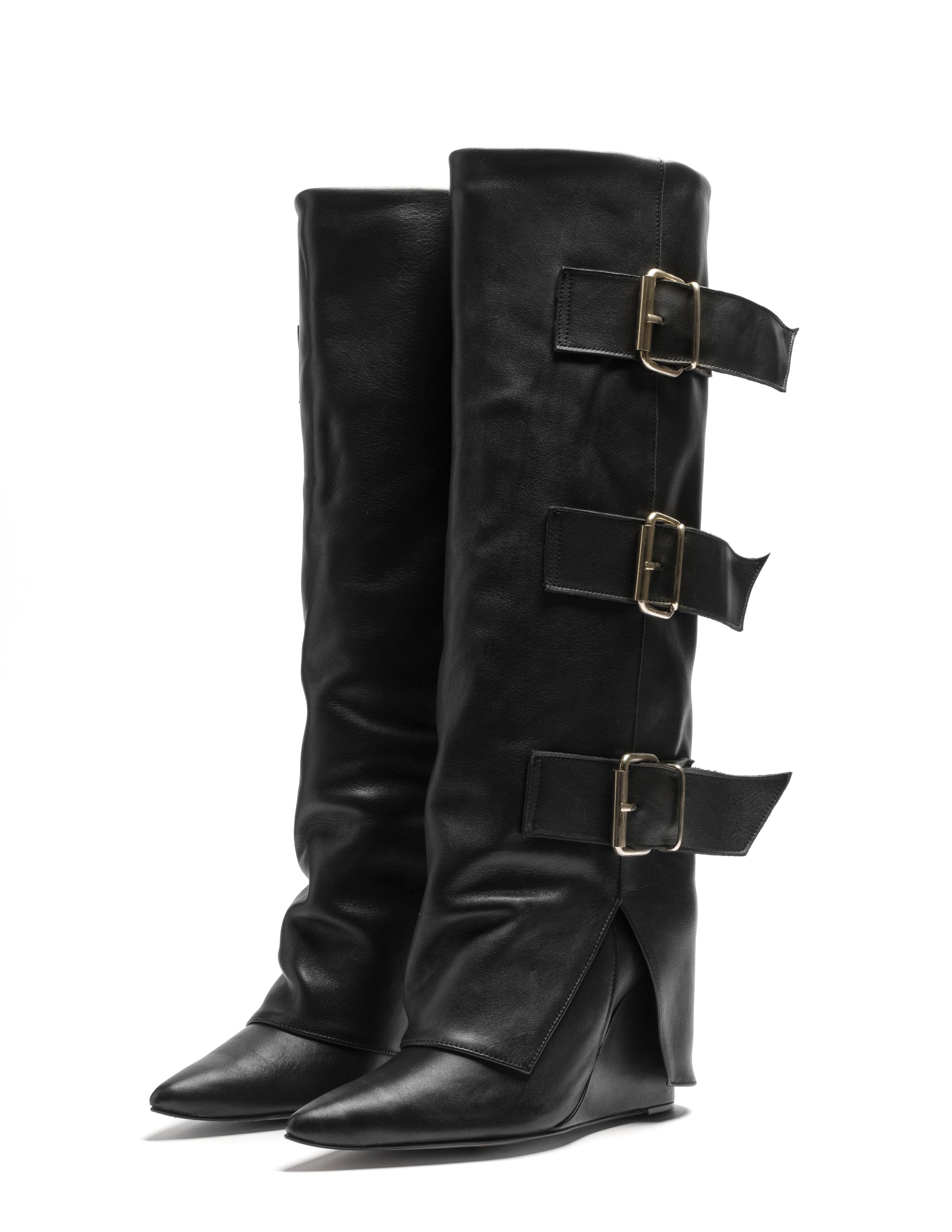 KRIZIA - Tubular Boot in Genuine Leather with 3 Buckles and 11 cm Wedge