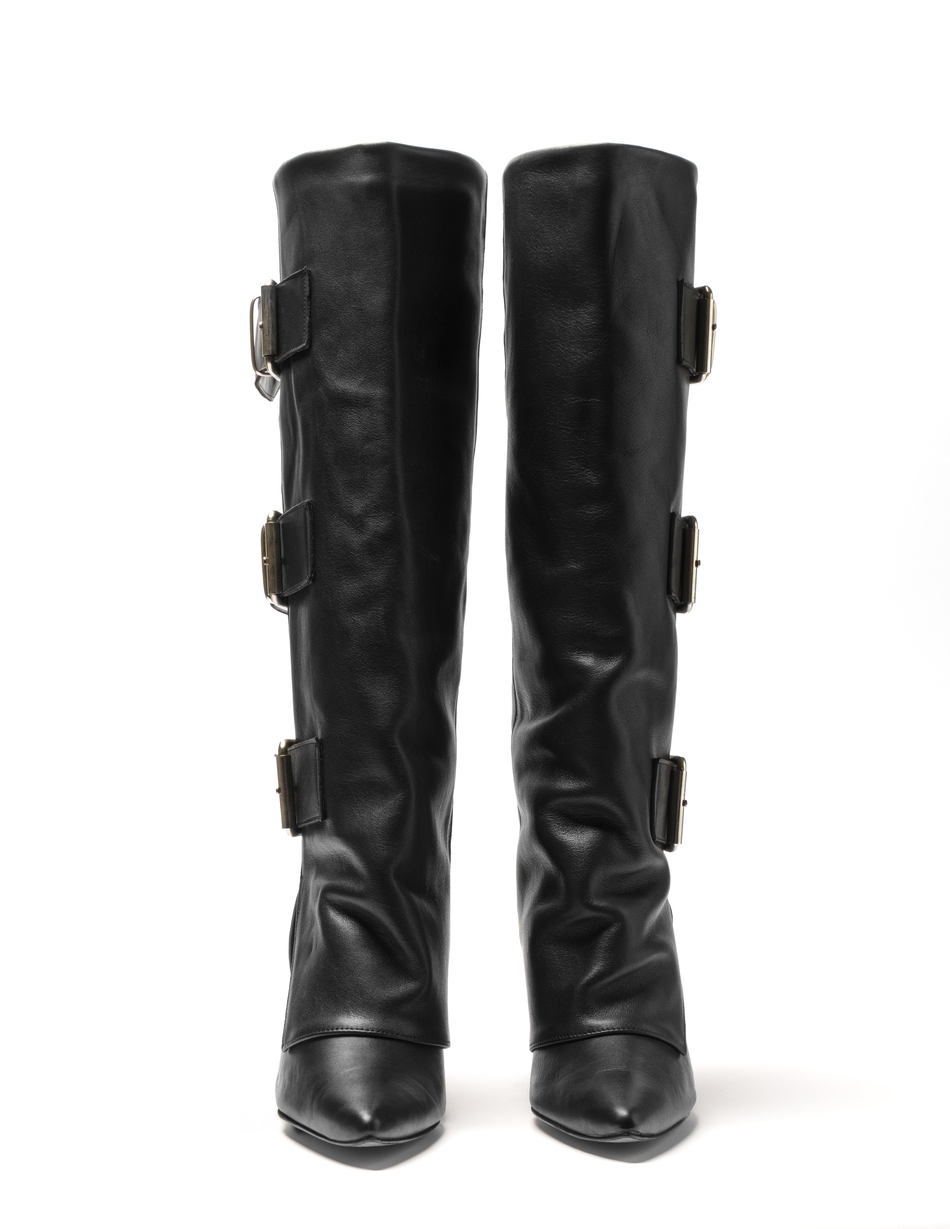 KRIZIA - Tubular Boot in Genuine Leather with 3 Buckles and 11 cm Wedge