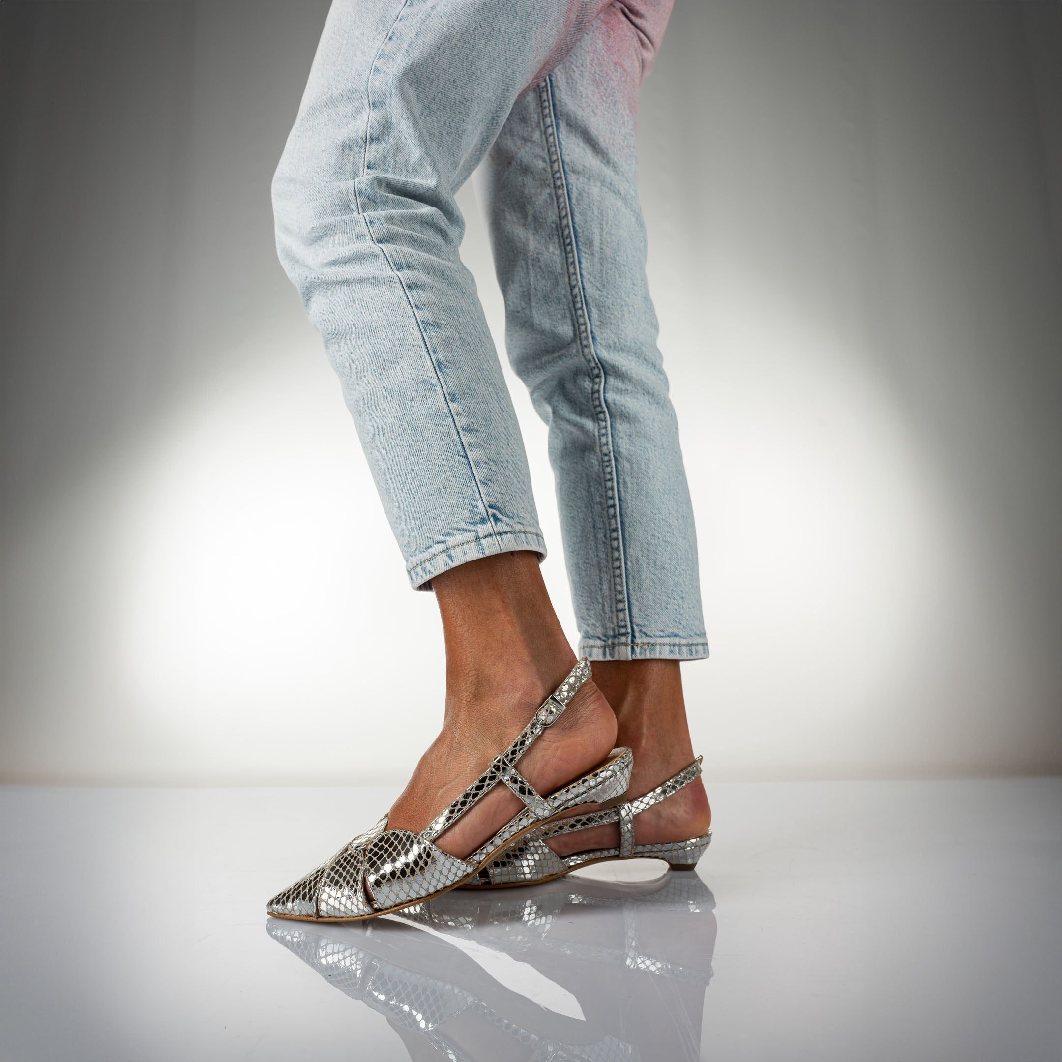 IRIS - Pointed Slingback Pump in Genuine Silver Laminated Leather with Viper Effect Print and 2 cm Heel