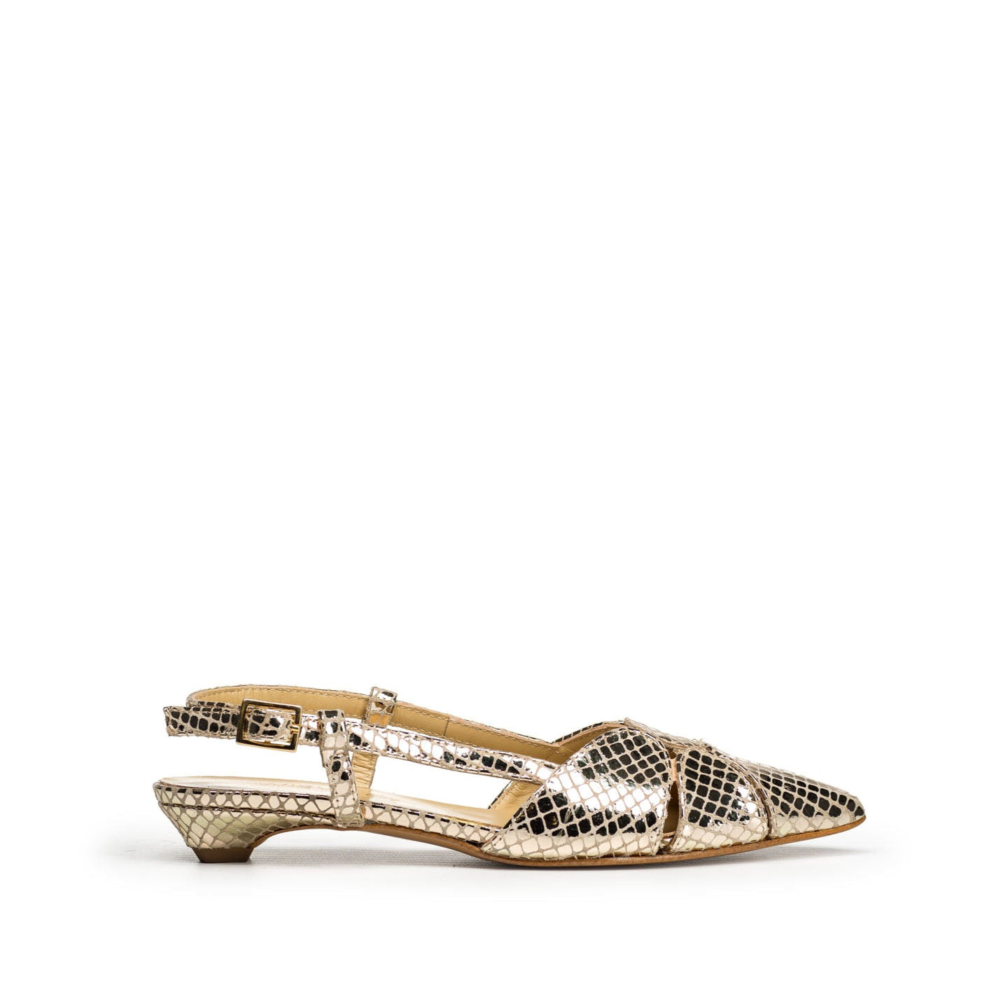 IRIS - Pointed Slingback Pump in Real Platinum Laminated Leather with Viper Effect Print and 2 cm Heel