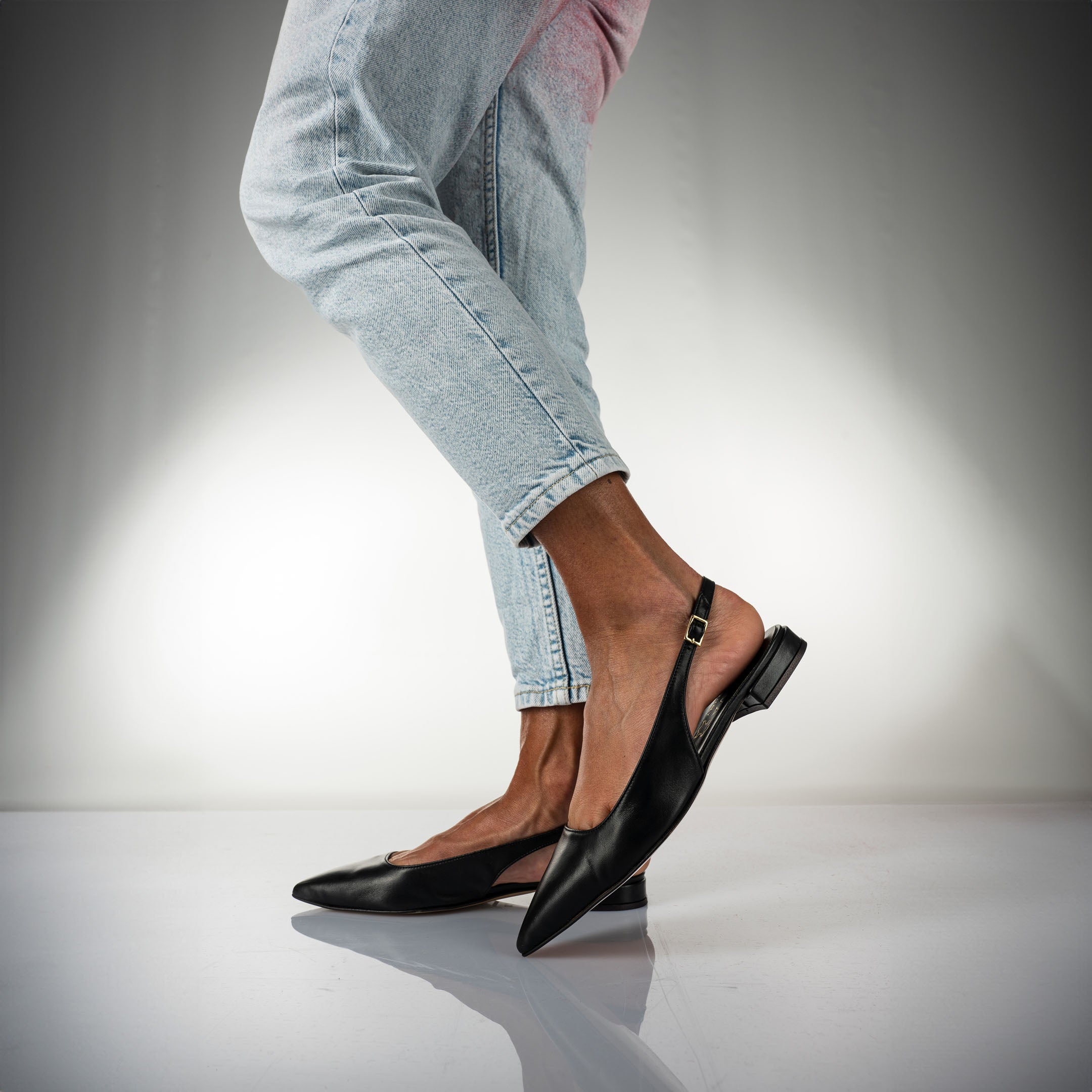 LUDMILLA - Pointed Slingback Pump in Genuine Black Leather with 2 cm Square Heel