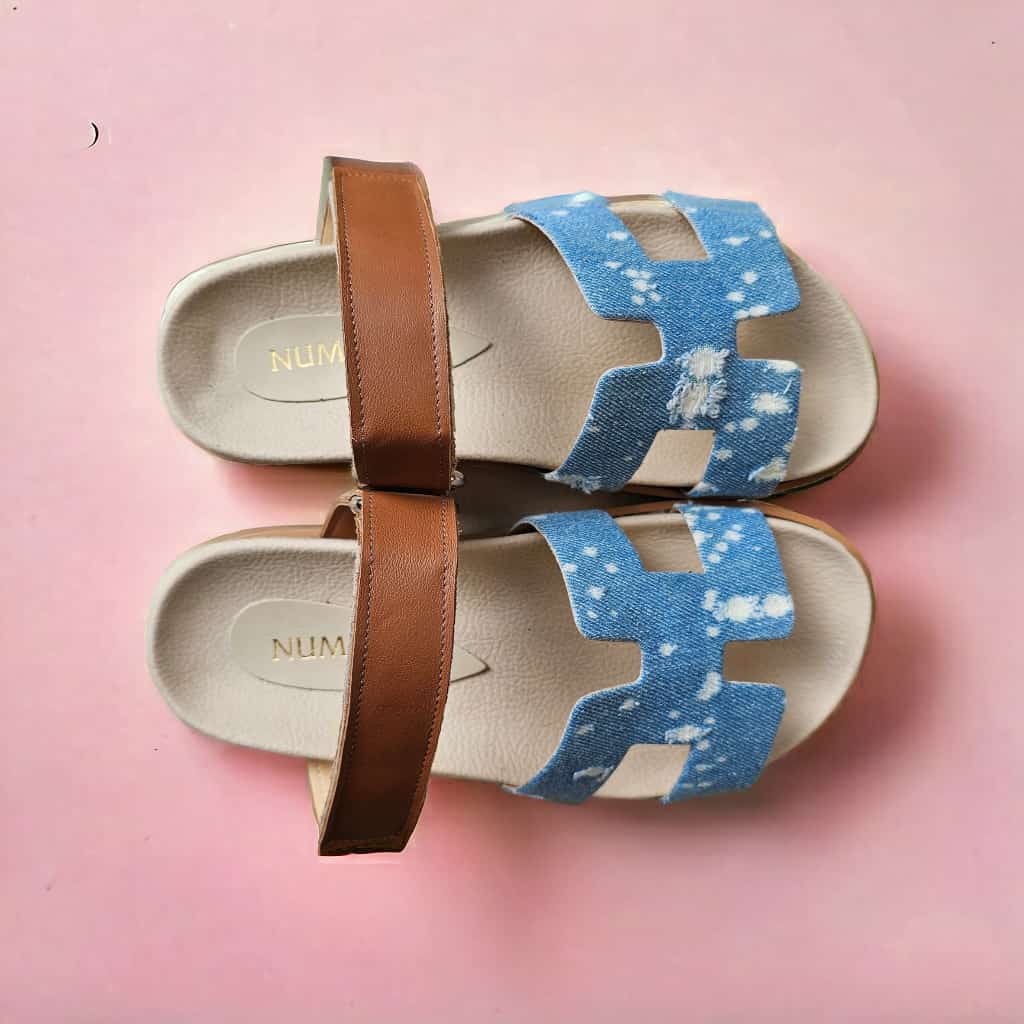 LUNA - Zapatilla de Piel Auténtica y Tejido Denim Vintage Jeans con Plantilla Anatómica de Goma de 3 cm