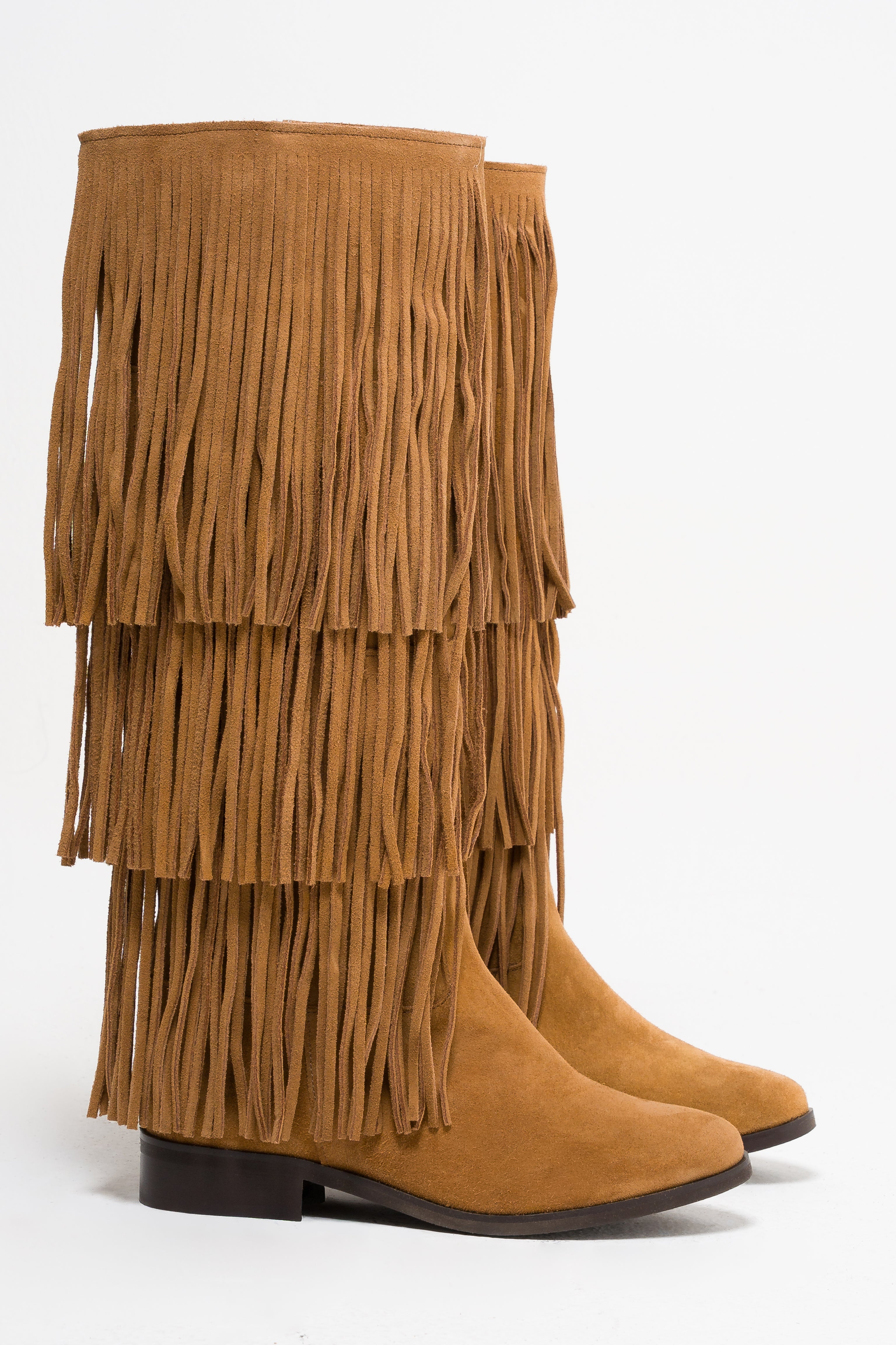 1125_INDIAN - Tubular boot in real suede leather with fringes and Indian mood buttons
