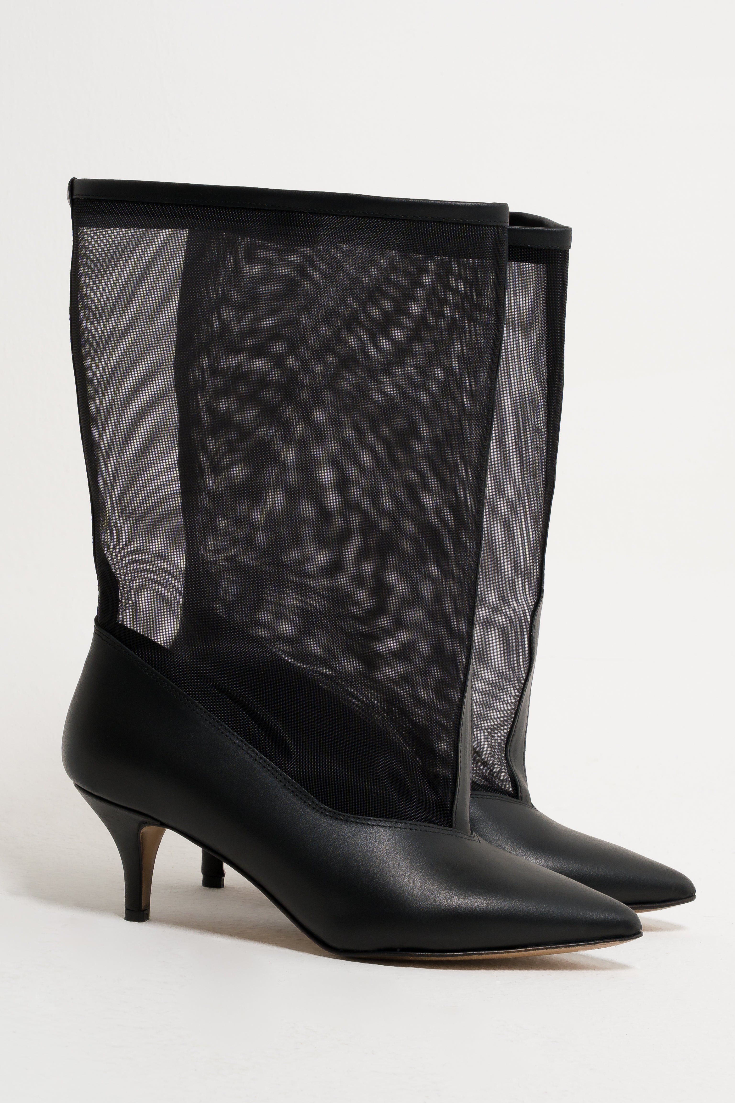 NEO - Stivaletto Tubolare in Vera Pelle e Rete Nera con Tacco Rocchetto 7 Cm