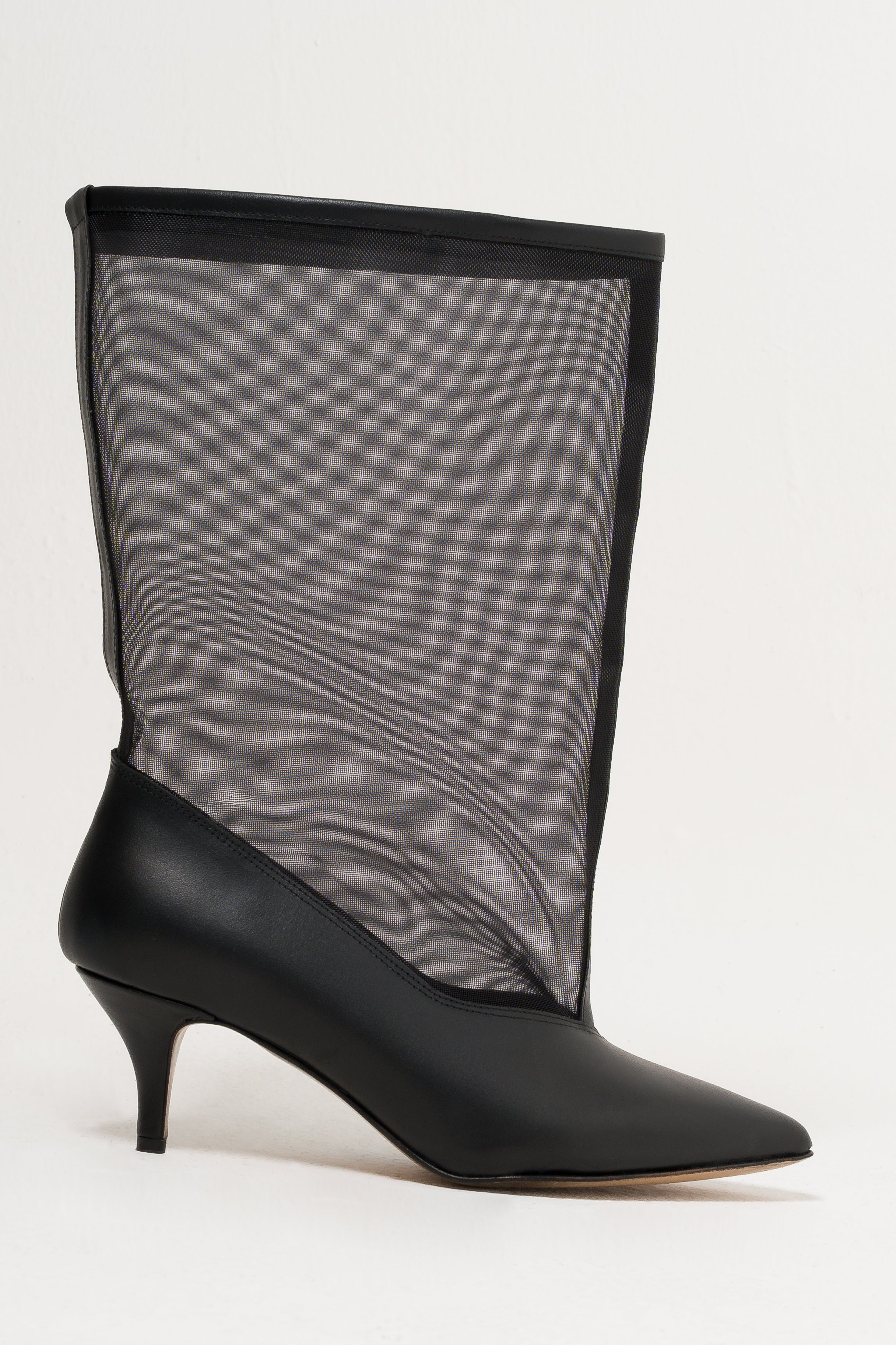 NEO - Stivaletto Tubolare in Vera Pelle e Rete Nera con Tacco Rocchetto 7 Cm