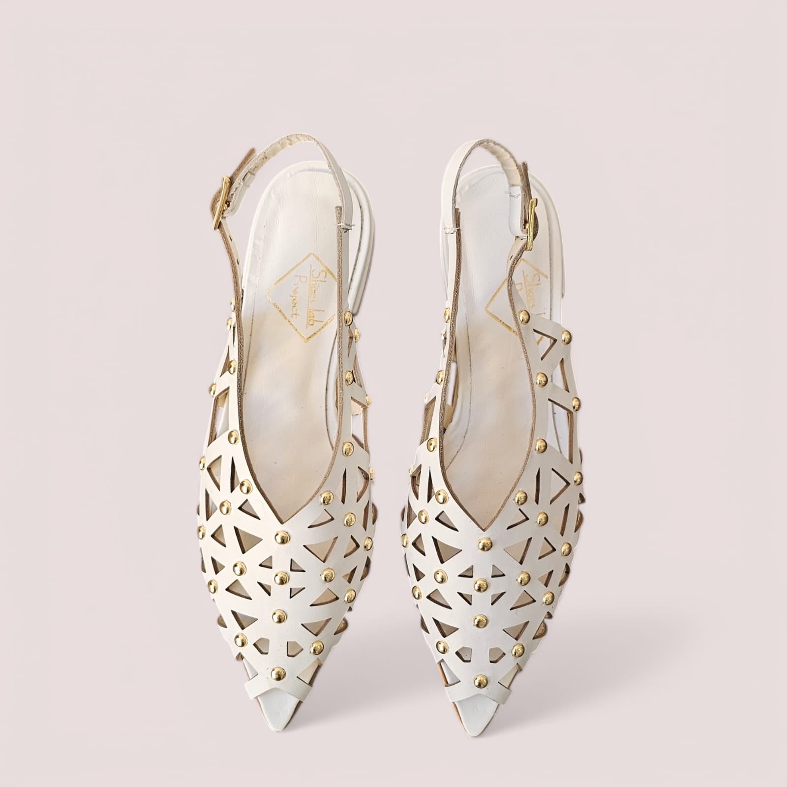 NET - Perforated Slingback Pump in White Genuine Leather with Gold Applications