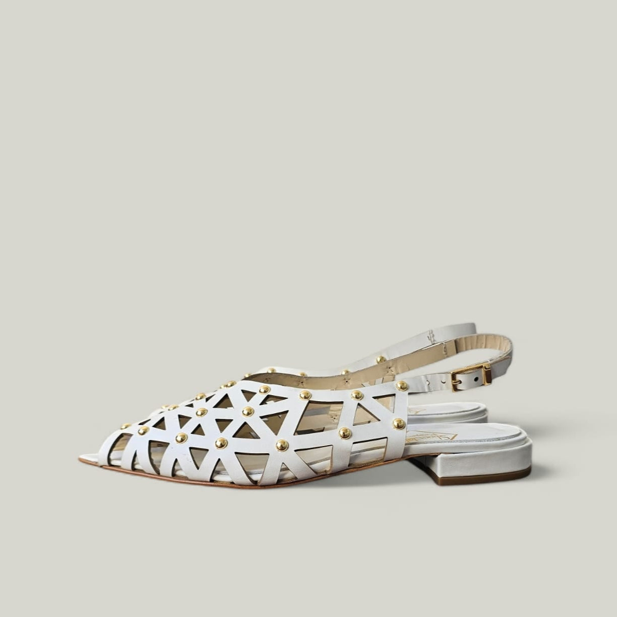 NET - Perforated Slingback Pump in White Genuine Leather with Gold Applications