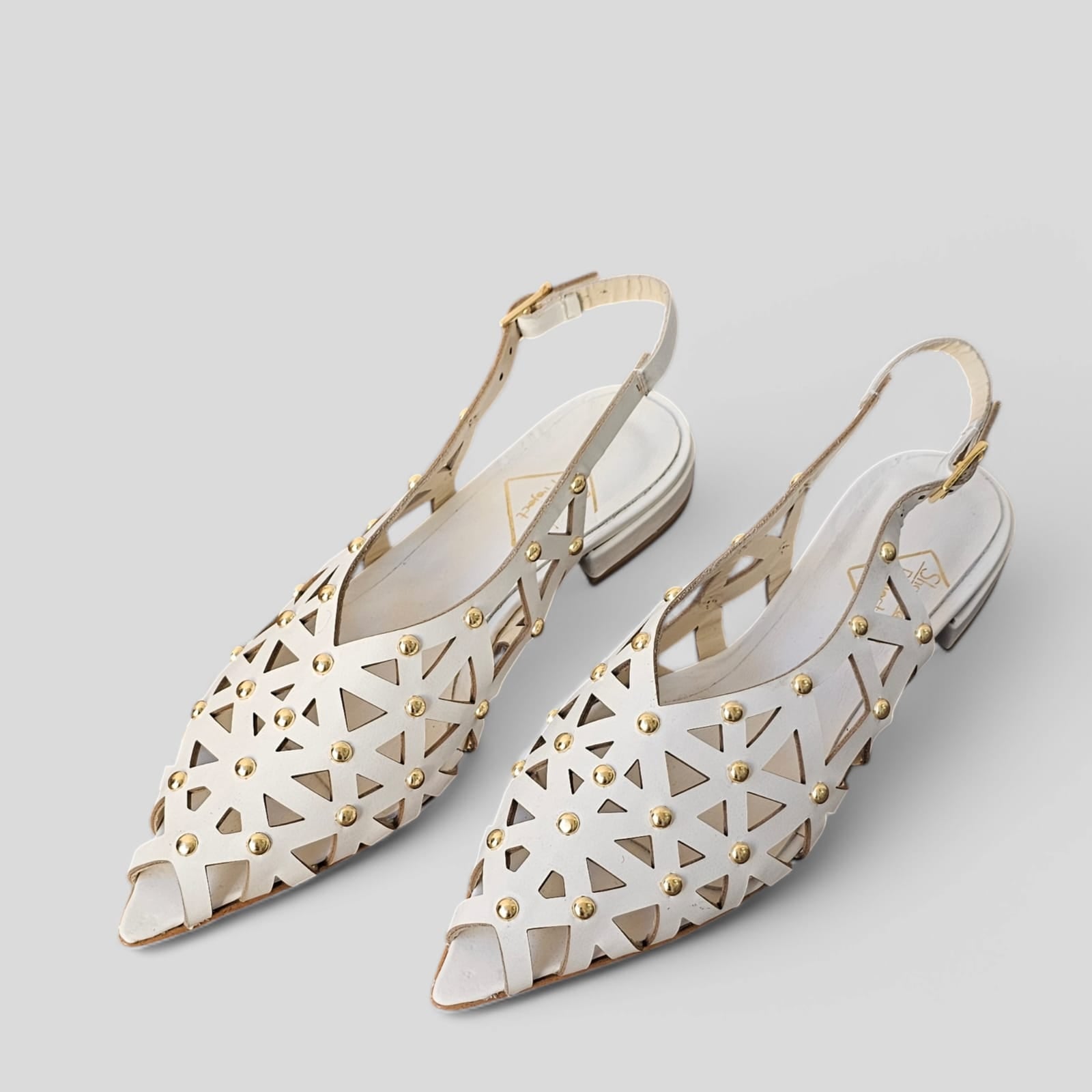 NET - Perforated Slingback Pump in White Genuine Leather with Gold Applications