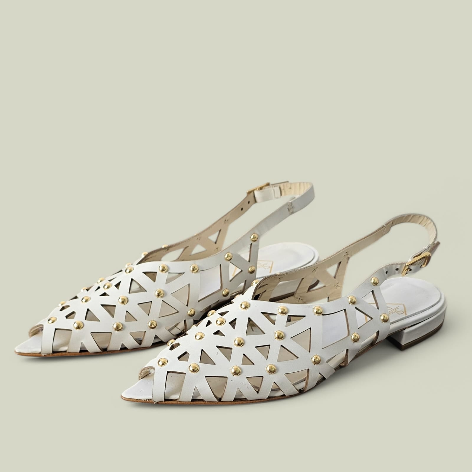 NET - Perforated Slingback Pump in White Genuine Leather with Gold Applications